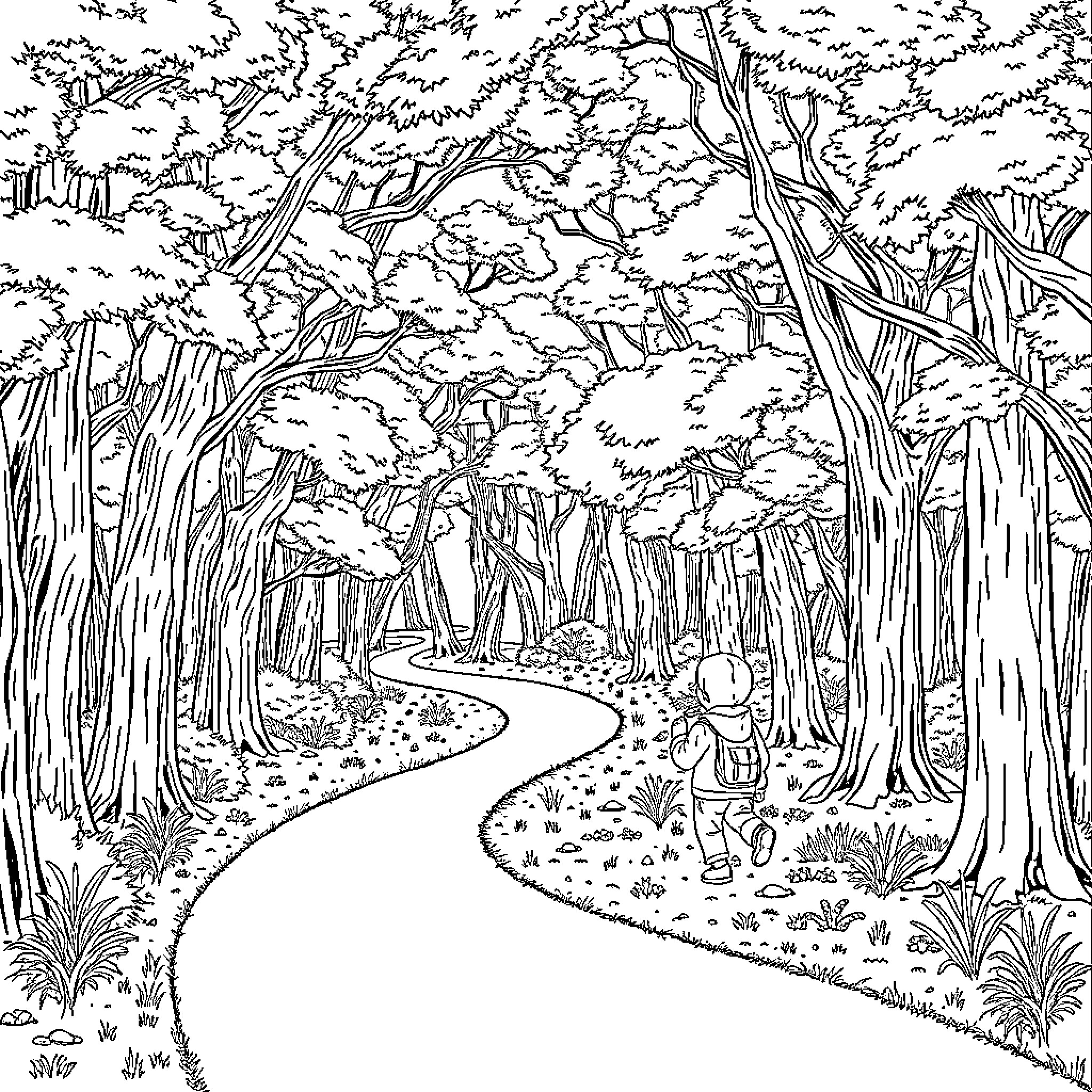 Child exploring the enchanting forest path Coloring Page (free black-and-white line drawing printable PDF for all, from beginners to advanced learners, including children, teens, adults, and seniors)