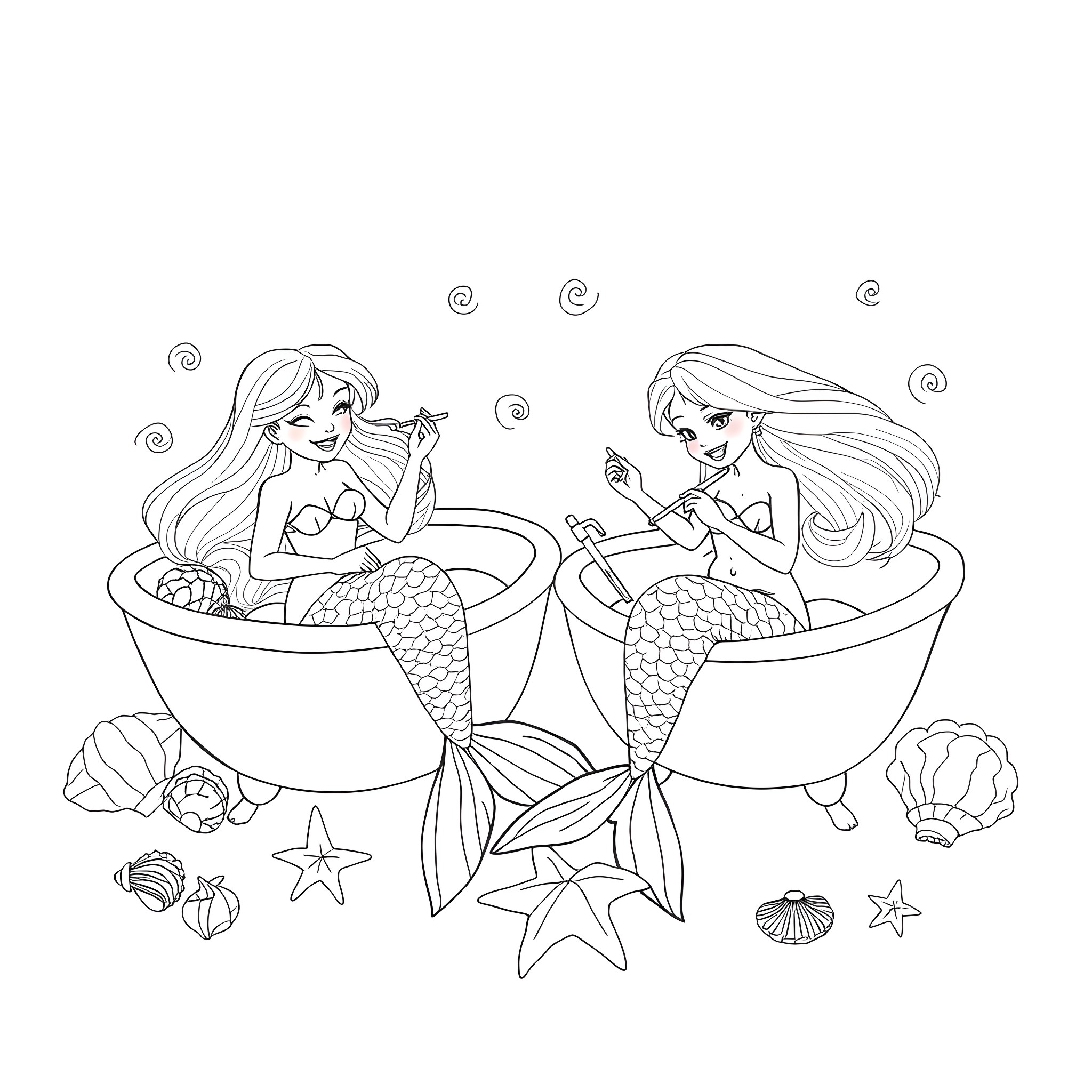 Mermaid sisters relaxing in seashell baths Coloring Page (free black-and-white line drawing printable PDF for all, from beginners to advanced learners, including children, teens, adults, and seniors)