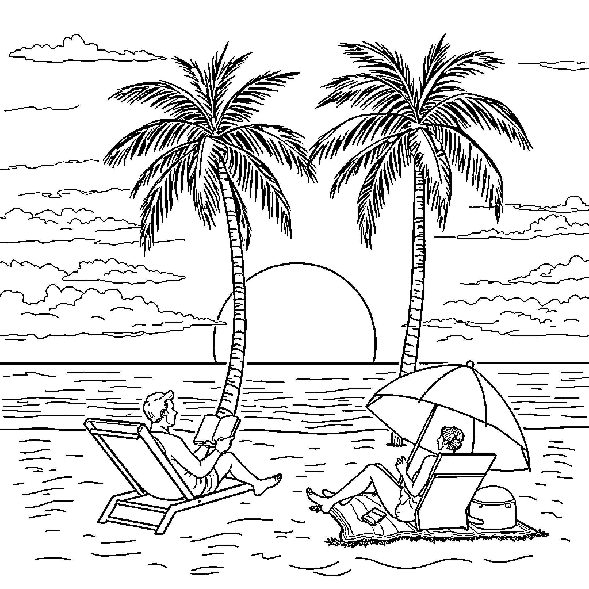 Beach scene with people relaxing under palm trees Coloring Page (free black-and-white line drawing printable PDF for all, from beginners to advanced learners, including children, teens, adults, and seniors)