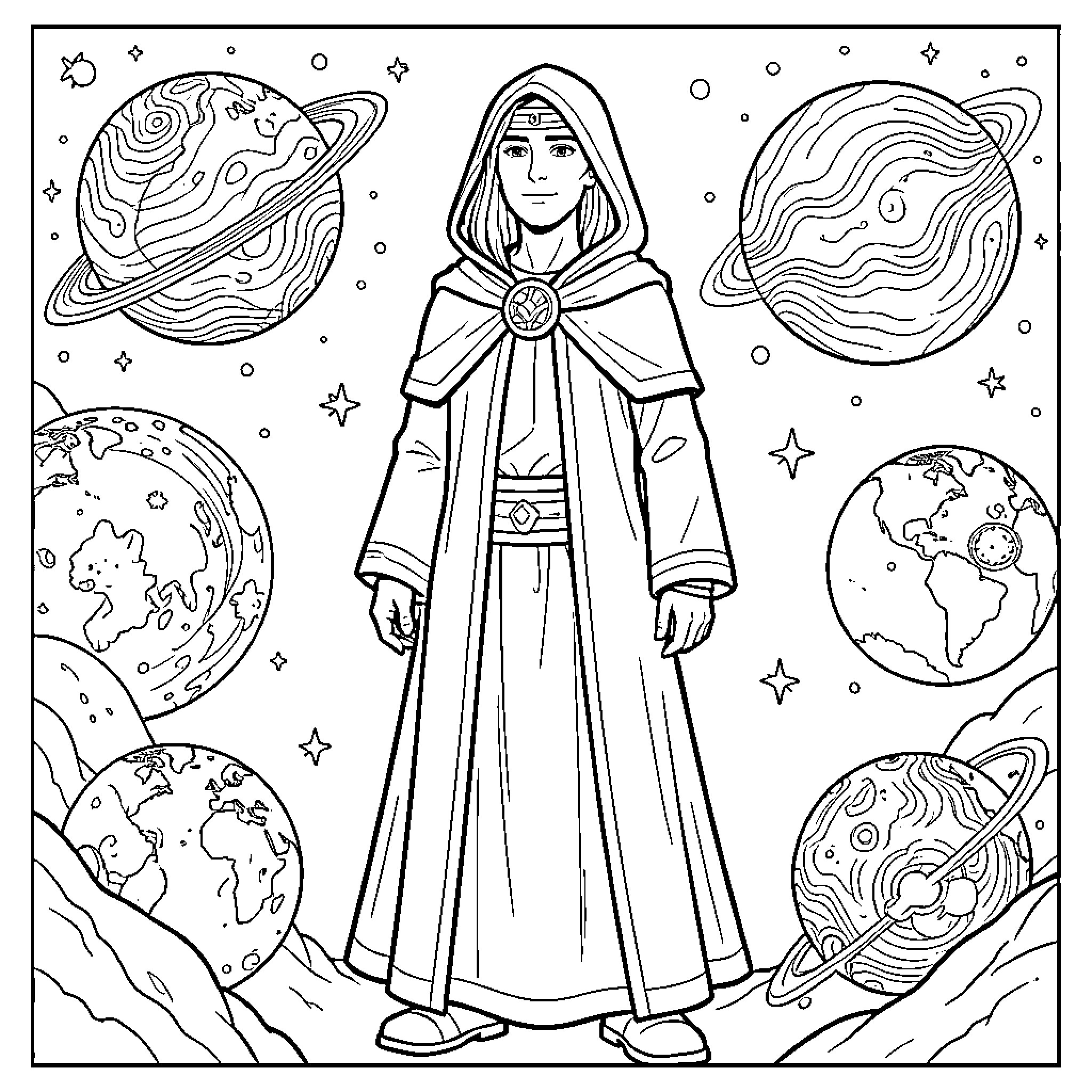 Watcher of the Cosmic Realm Coloring Page (free black-and-white line drawing printable PDF for all, from beginners to advanced learners, including children, teens, adults, and seniors)