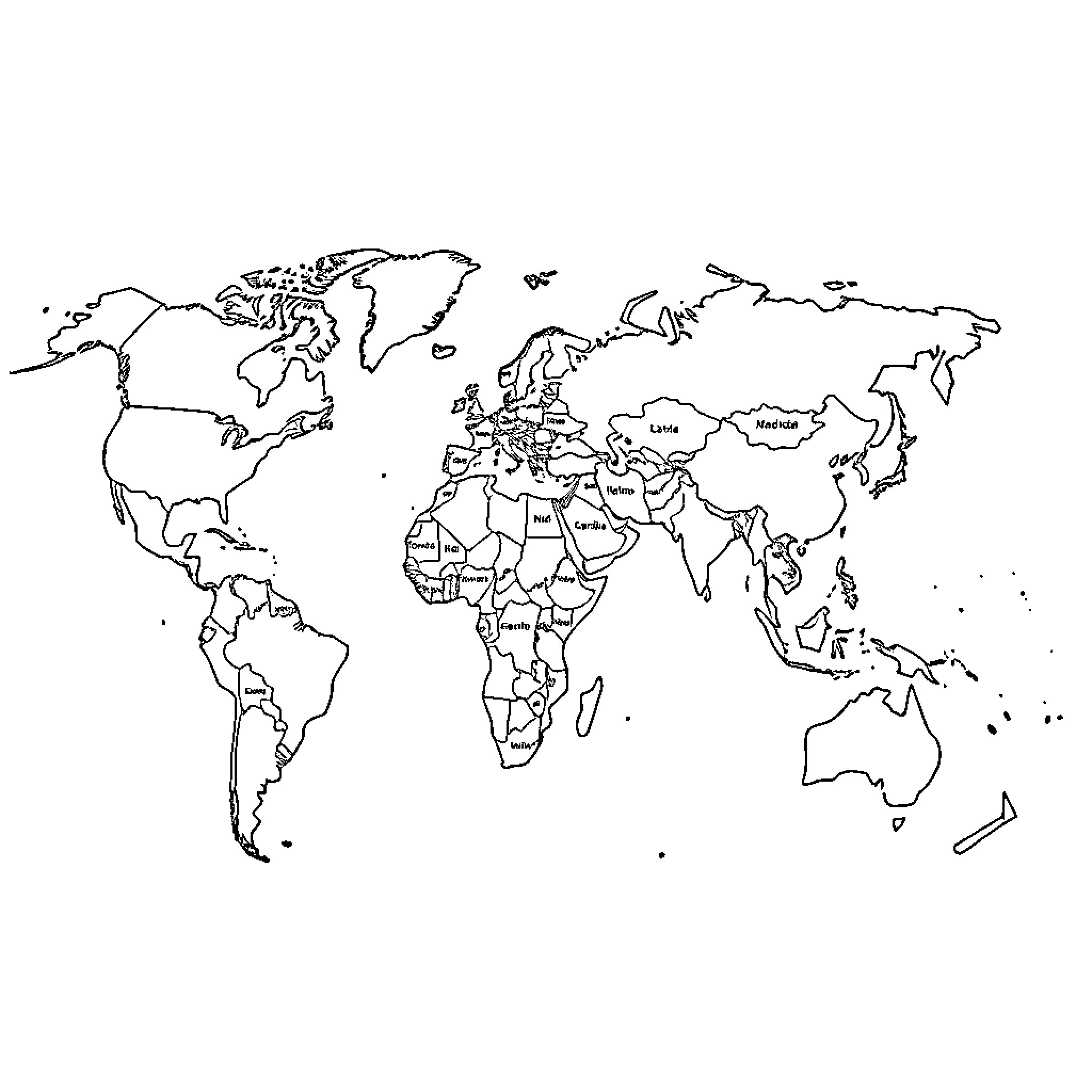 Map of Continents and Countries Coloring Page (free black-and-white line drawing printable PDF for all, from beginners to advanced learners, including children, teens, adults, and seniors)