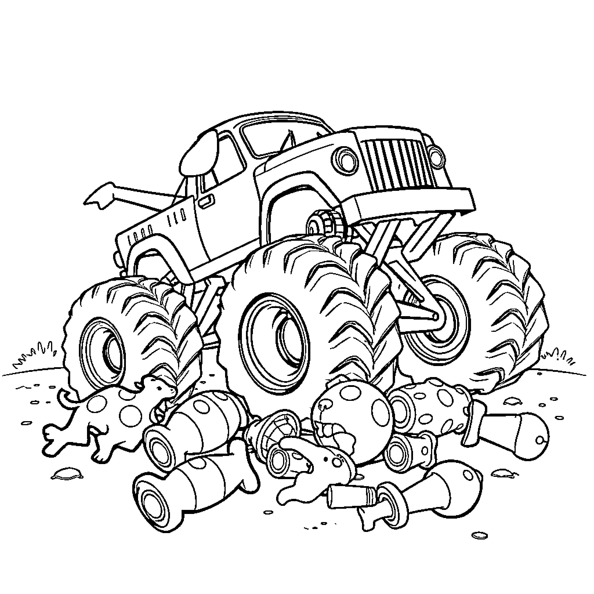 Puppy monster truck crushing toys Coloring Page (free black-and-white line drawing printable PDF for all, from beginners to advanced learners, including children, teens, adults, and seniors)