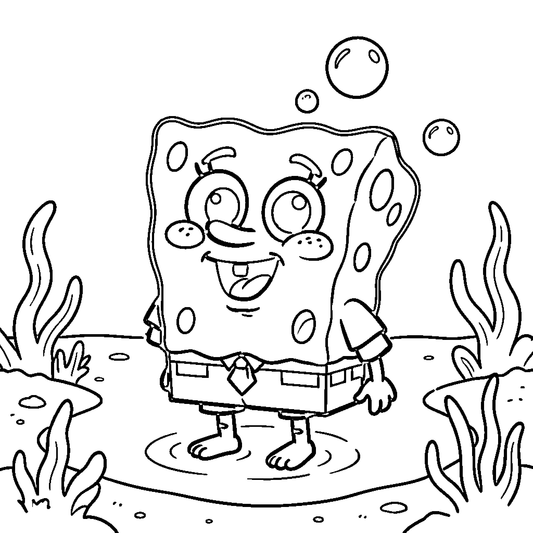 Bob l'éponge smiling happily amidst underwater seaweed Coloring Page (free black-and-white line drawing printable PDF for all, from beginners to advanced learners, including children, teens, adults, and seniors)