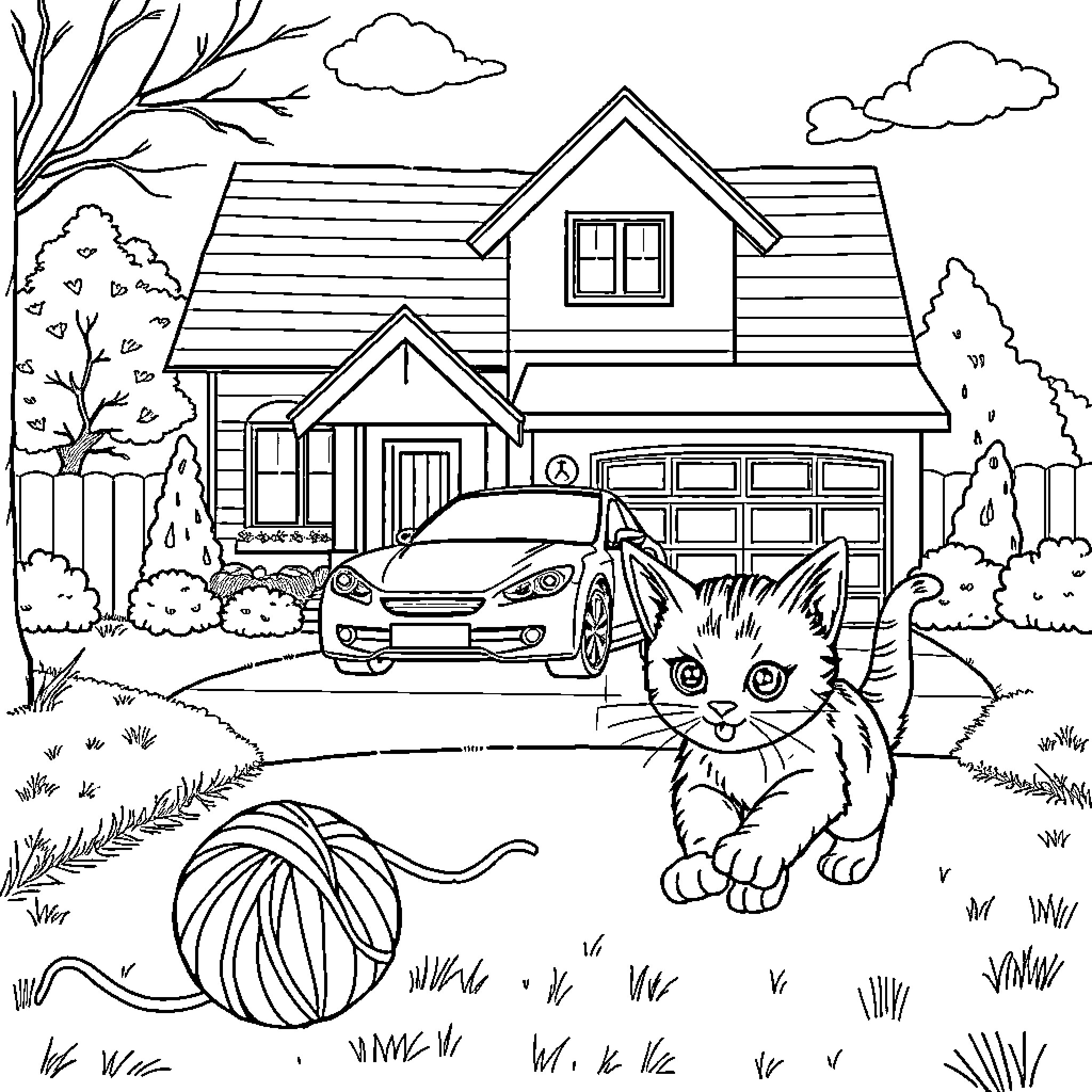 Kitten exploring the yard near a house Coloring Page (free black-and-white line drawing printable PDF for all, from beginners to advanced learners, including children, teens, adults, and seniors)