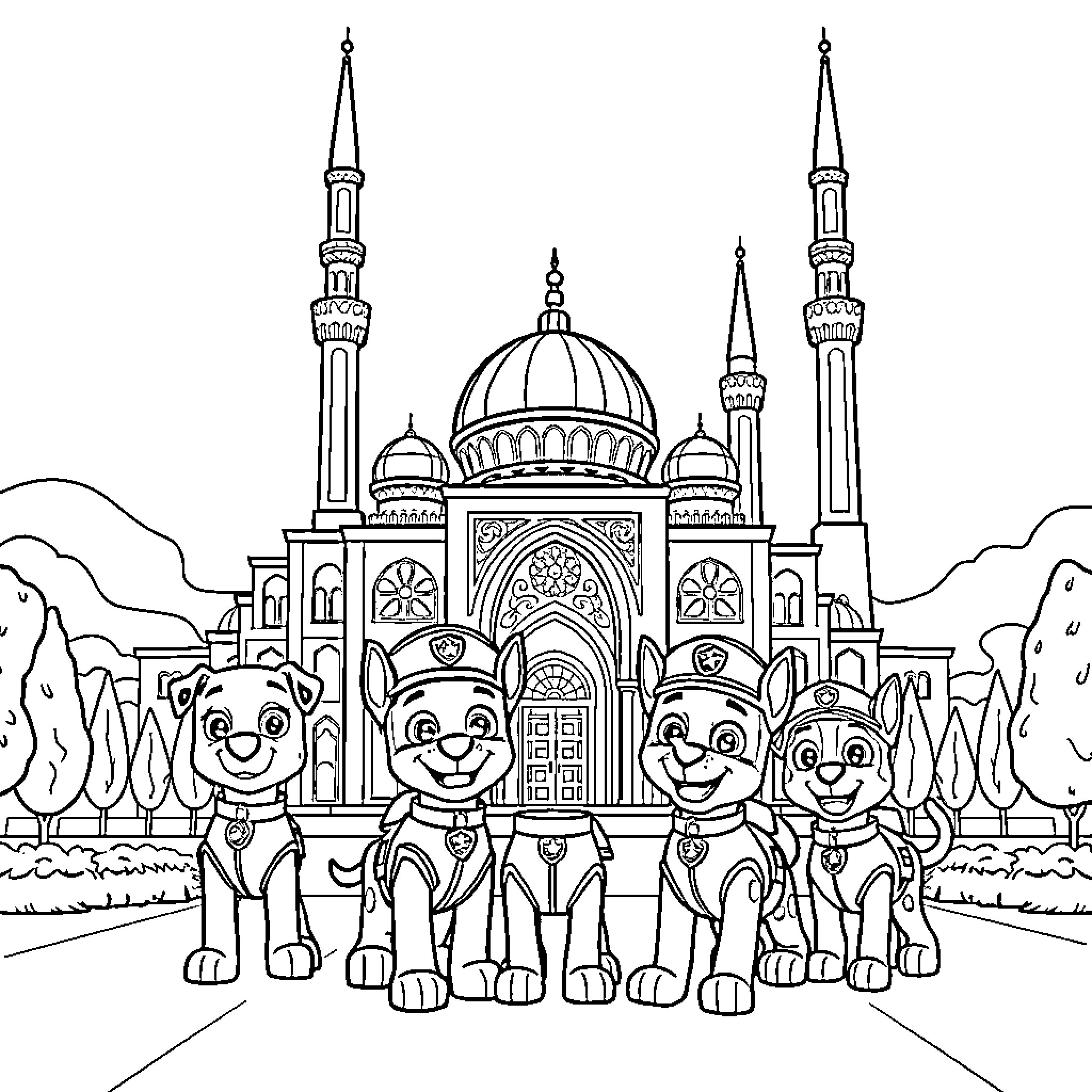 Paw Patrol Exploring a Magnificent Mosque Coloring Page (free black-and-white line drawing printable PDF for all, from beginners to advanced learners, including children, teens, adults, and seniors)