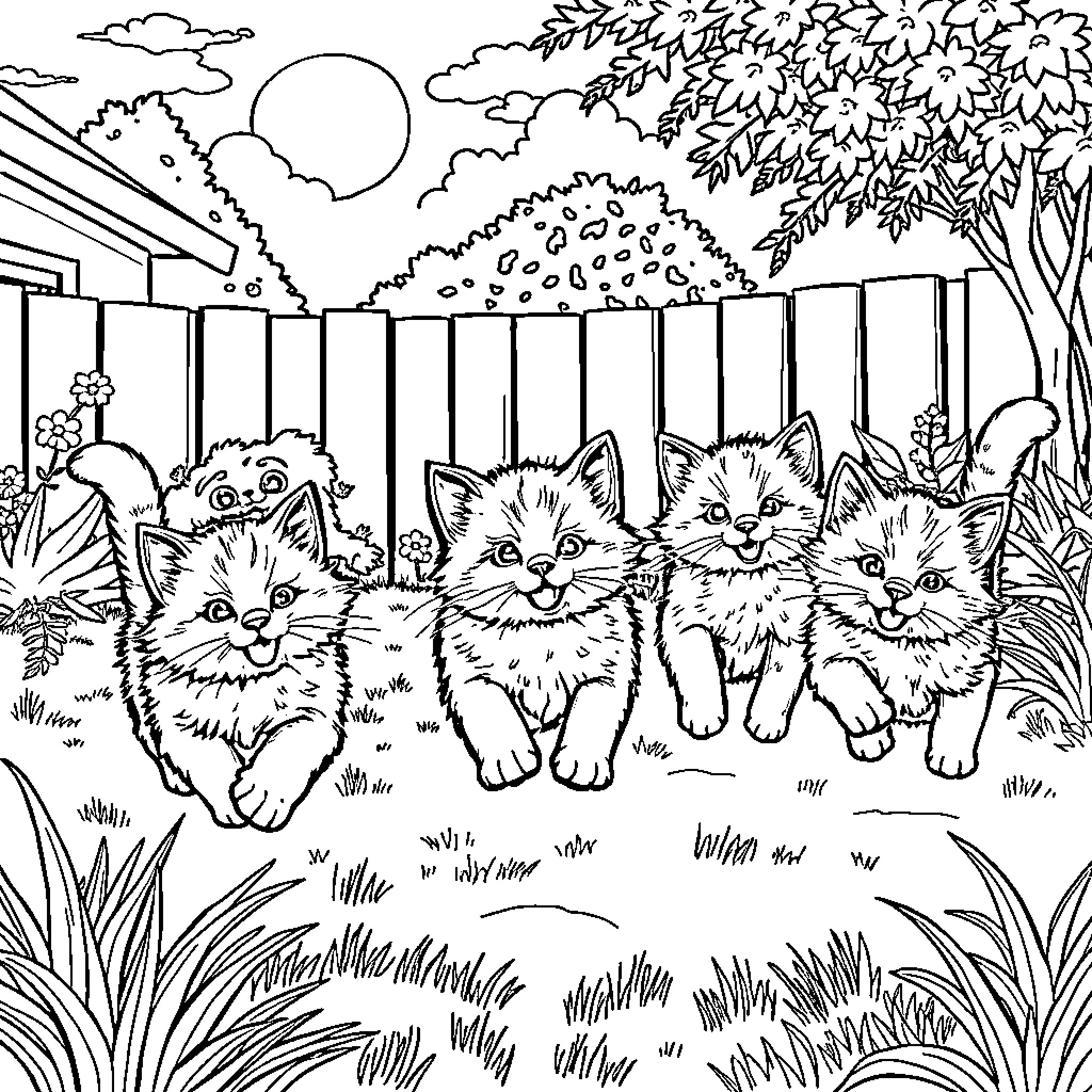 Kitty Kittens Frolicking in the Backyard Coloring Page (free black-and-white line drawing printable PDF for all, from beginners to advanced learners, including children, teens, adults, and seniors)