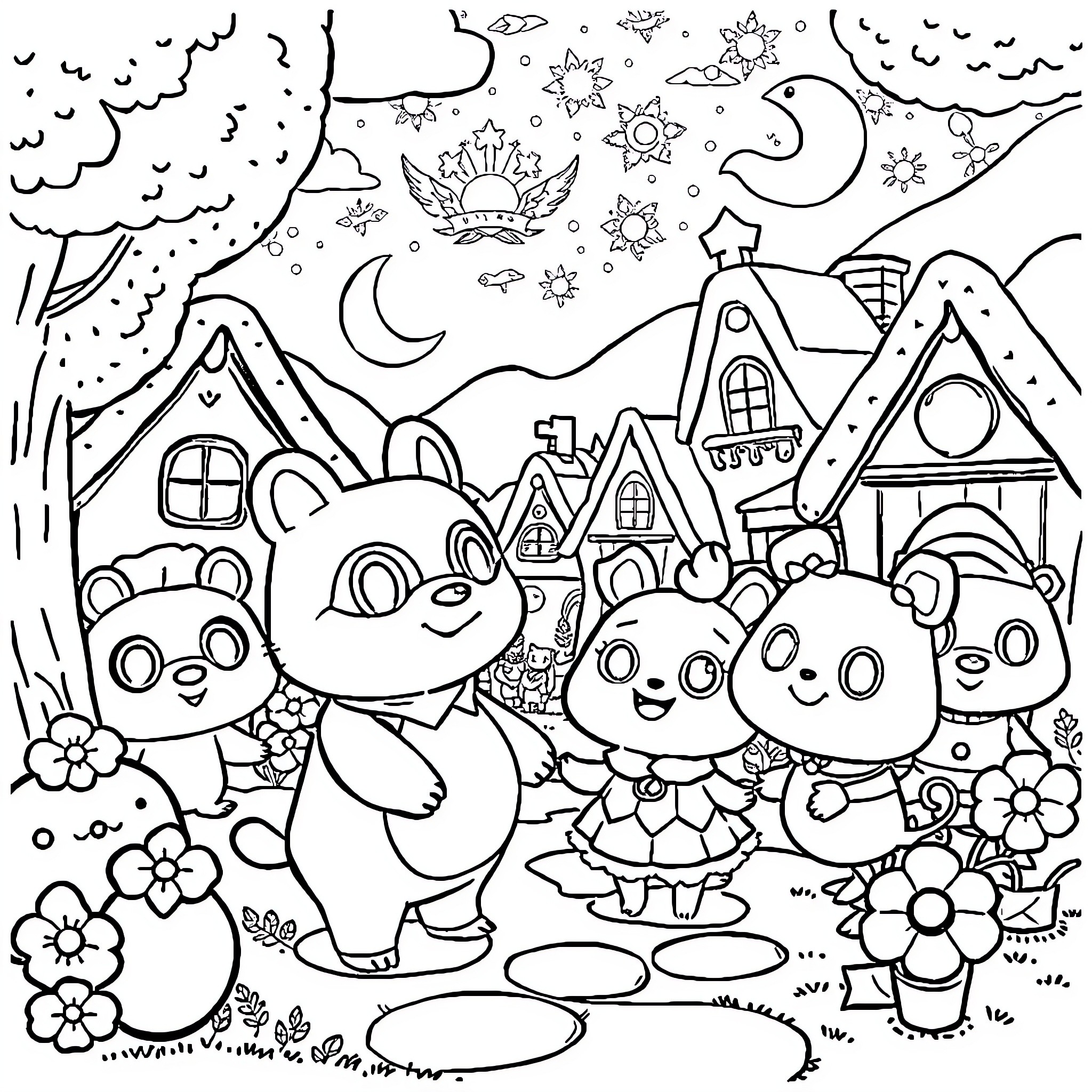 Animal Crossing Characters Explore Whimsical Village Coloring Page (free black-and-white line drawing printable PDF for all, from beginners to advanced learners, including children, teens, adults, and seniors)