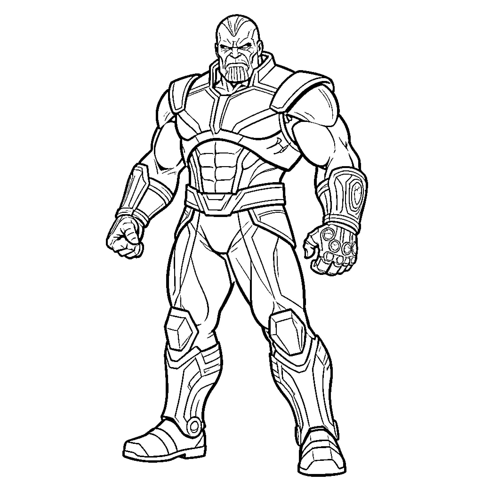 Thanos standing in a powerful combat pose Coloring Page (free black-and-white line drawing printable PDF for all, from beginners to advanced learners, including children, teens, adults, and seniors)
