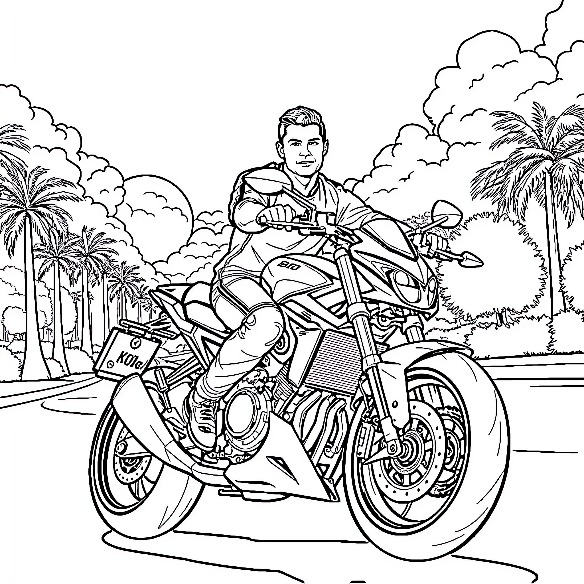 Cristiano Ronaldo riding a powerful motorcycle in a tropical setting Coloring Page (free black-and-white line drawing printable PDF for all, from beginners to advanced learners, including children, teens, adults, and seniors)
