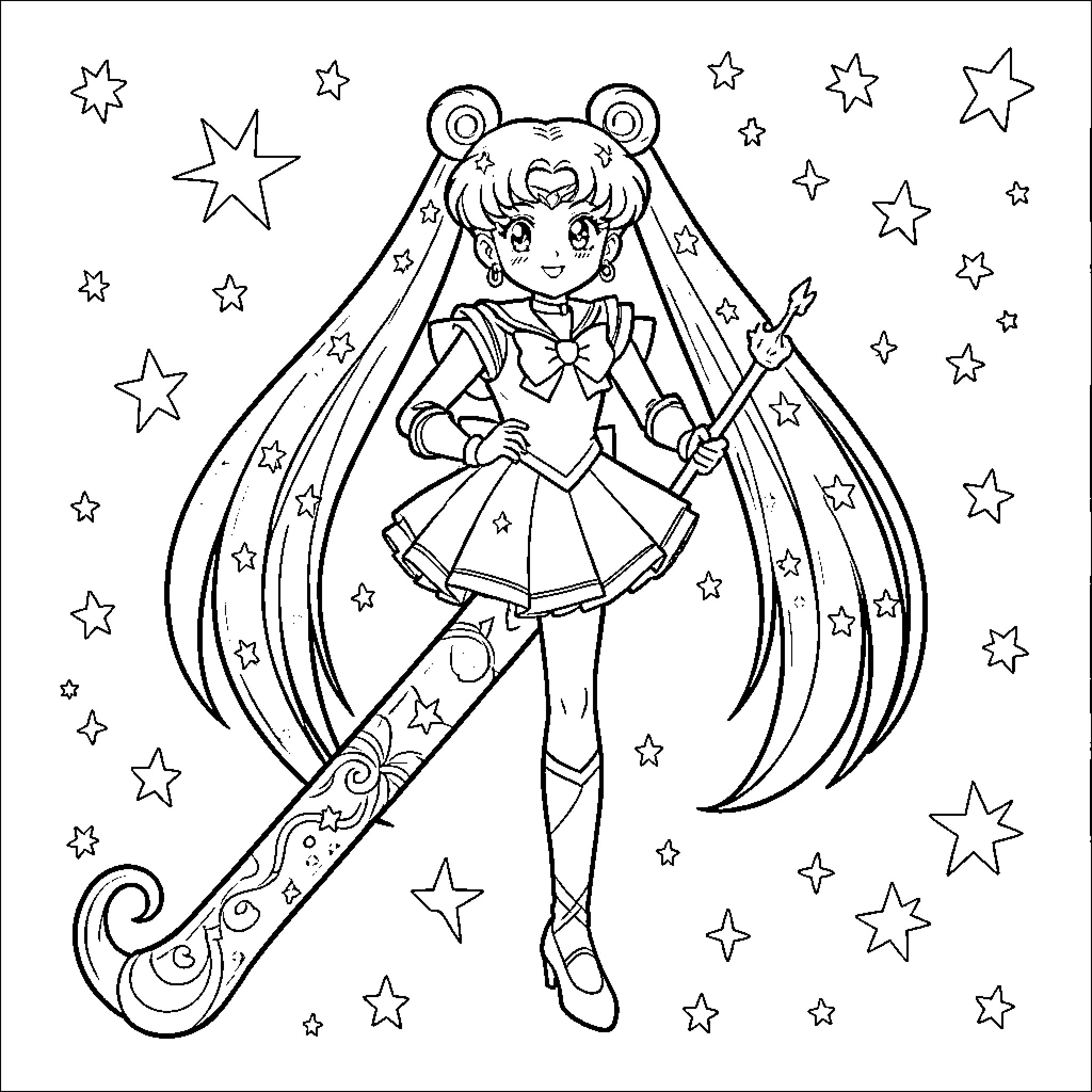 Sailor Moon in action with stars and crescent moon Coloring Page (free black-and-white line drawing printable PDF for all, from beginners to advanced learners, including children, teens, adults, and seniors)