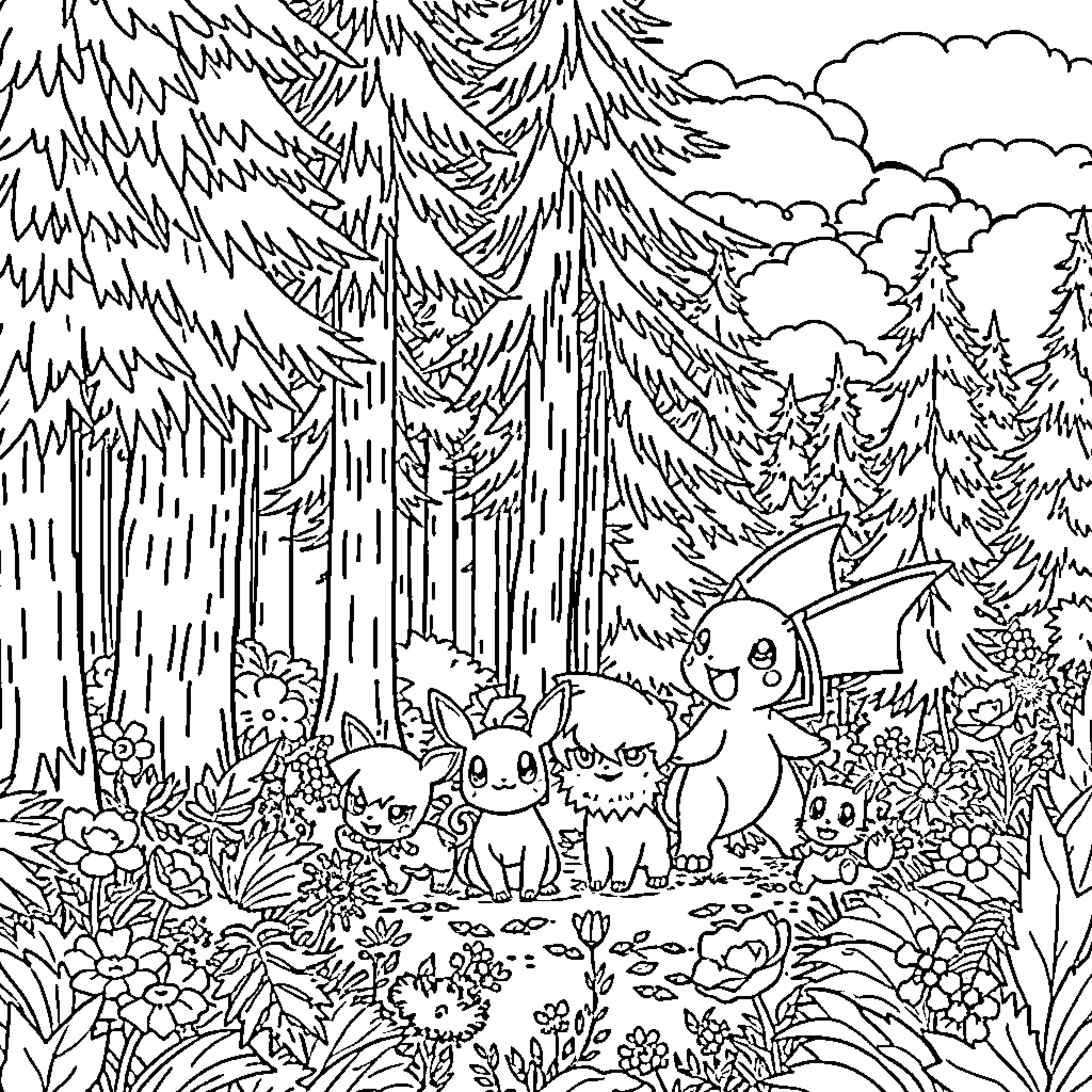 Pokémon characters exploring a forested landscape Coloring Page (free black-and-white line drawing printable PDF for all, from beginners to advanced learners, including children, teens, adults, and seniors)