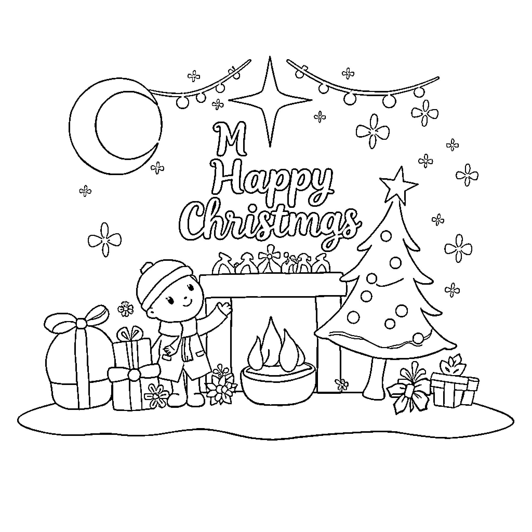 Christian Youth Celebrating Christmas with Joyful Festivities Coloring Page (free black-and-white line drawing printable PDF for all, from beginners to advanced learners, including children, teens, adults, and seniors)