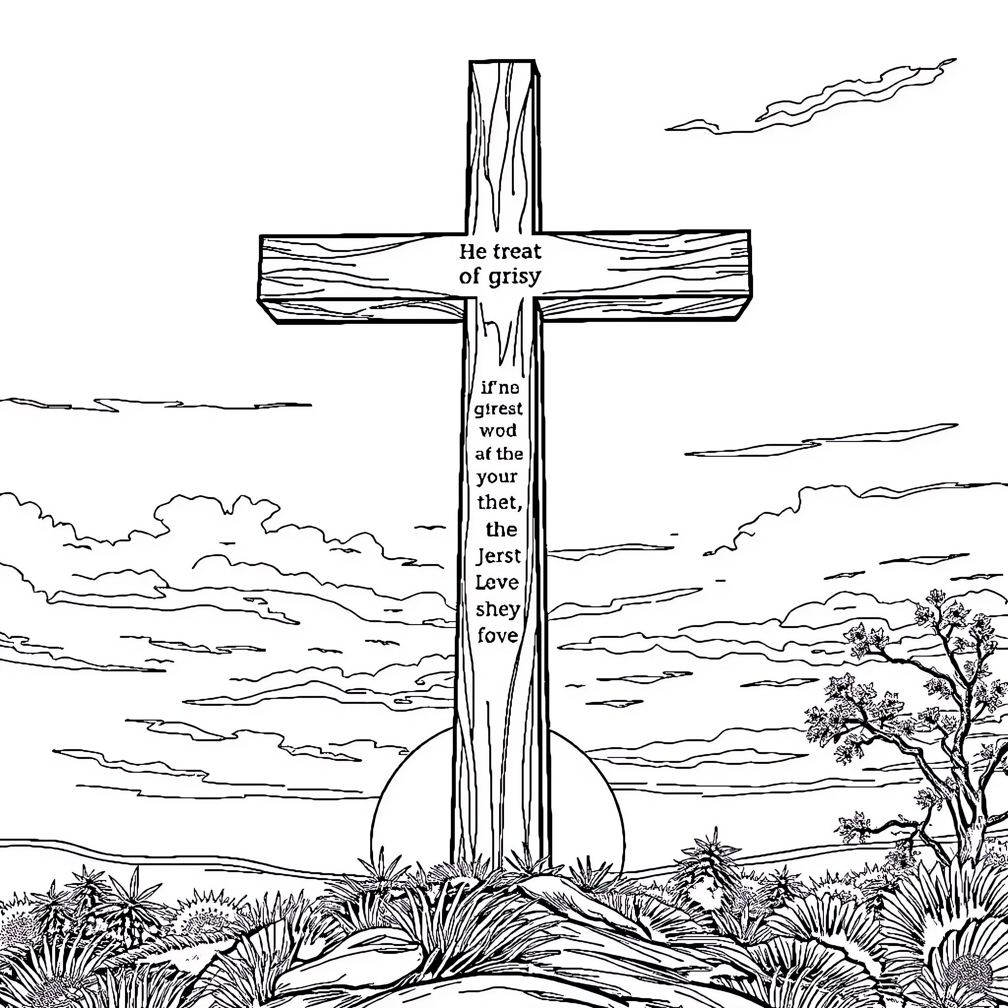 Cross on the Hill with Meaningful Text Coloring Page (free black-and-white line drawing printable PDF for all, from beginners to advanced learners, including children, teens, adults, and seniors)