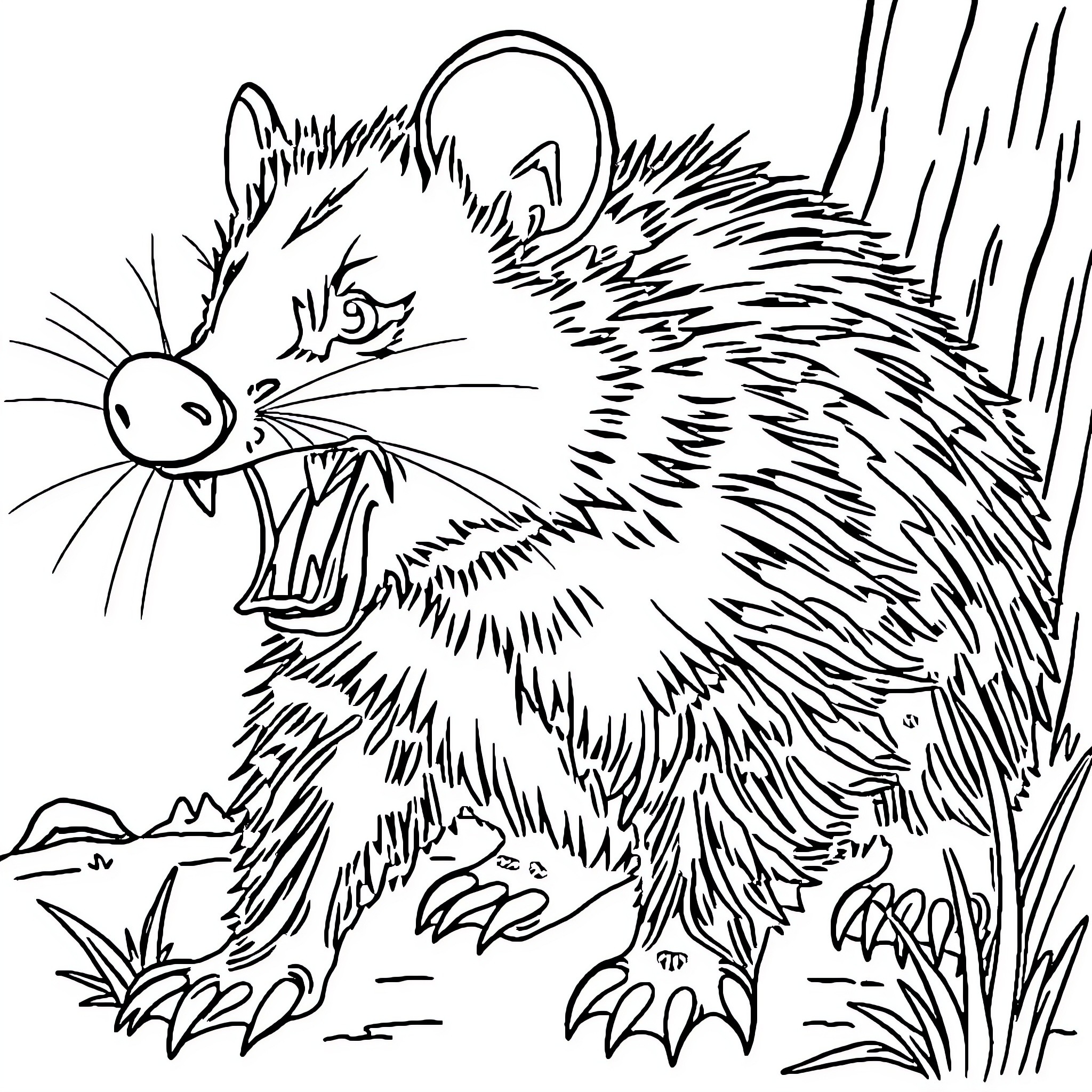Opossum growling with sharp teeth in the wild Coloring Page (free black-and-white line drawing printable PDF for all, from beginners to advanced learners, including children, teens, adults, and seniors)