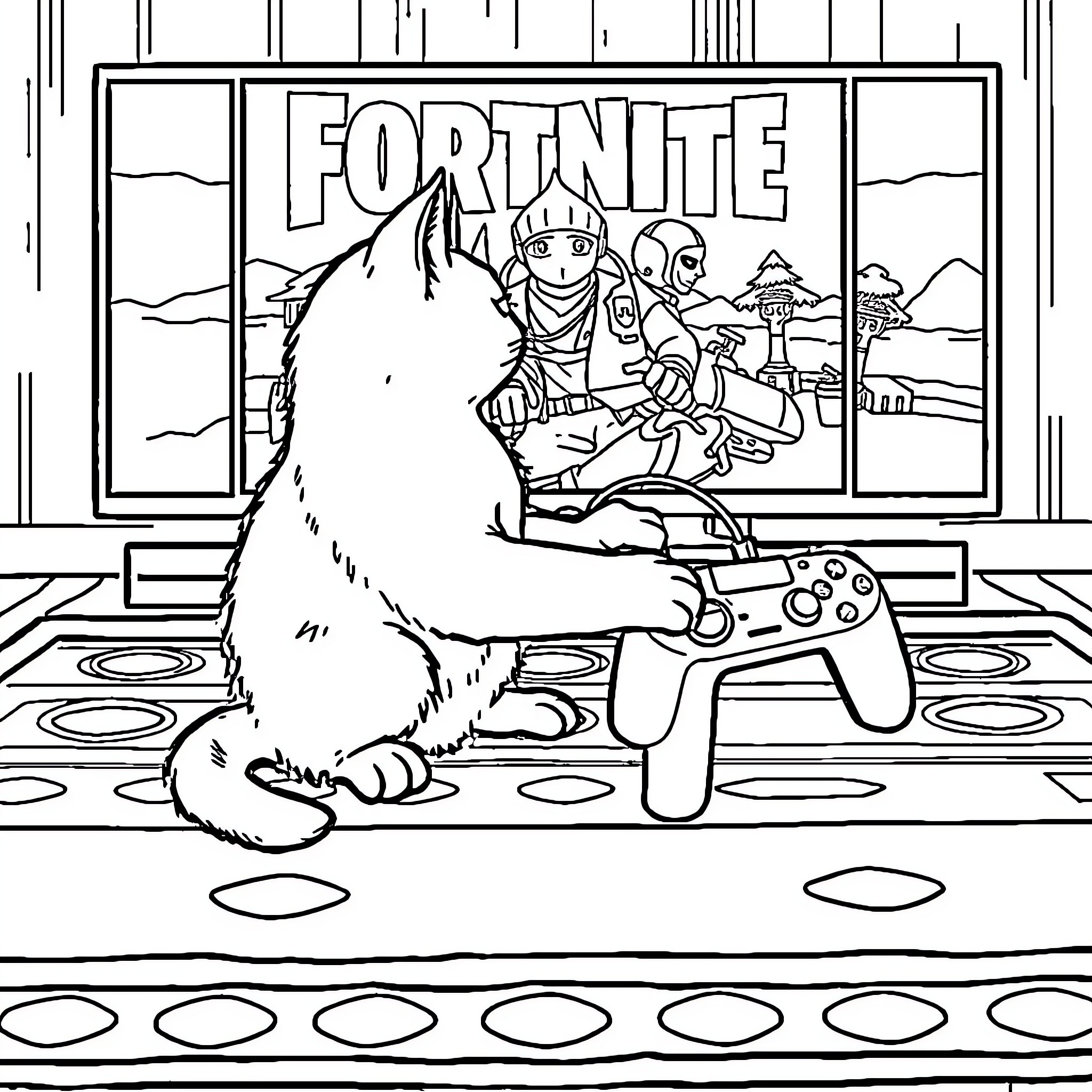 Cat playing Fortnite video game Coloring Page (free black-and-white line drawing printable PDF for all, from beginners to advanced learners, including children, teens, adults, and seniors)