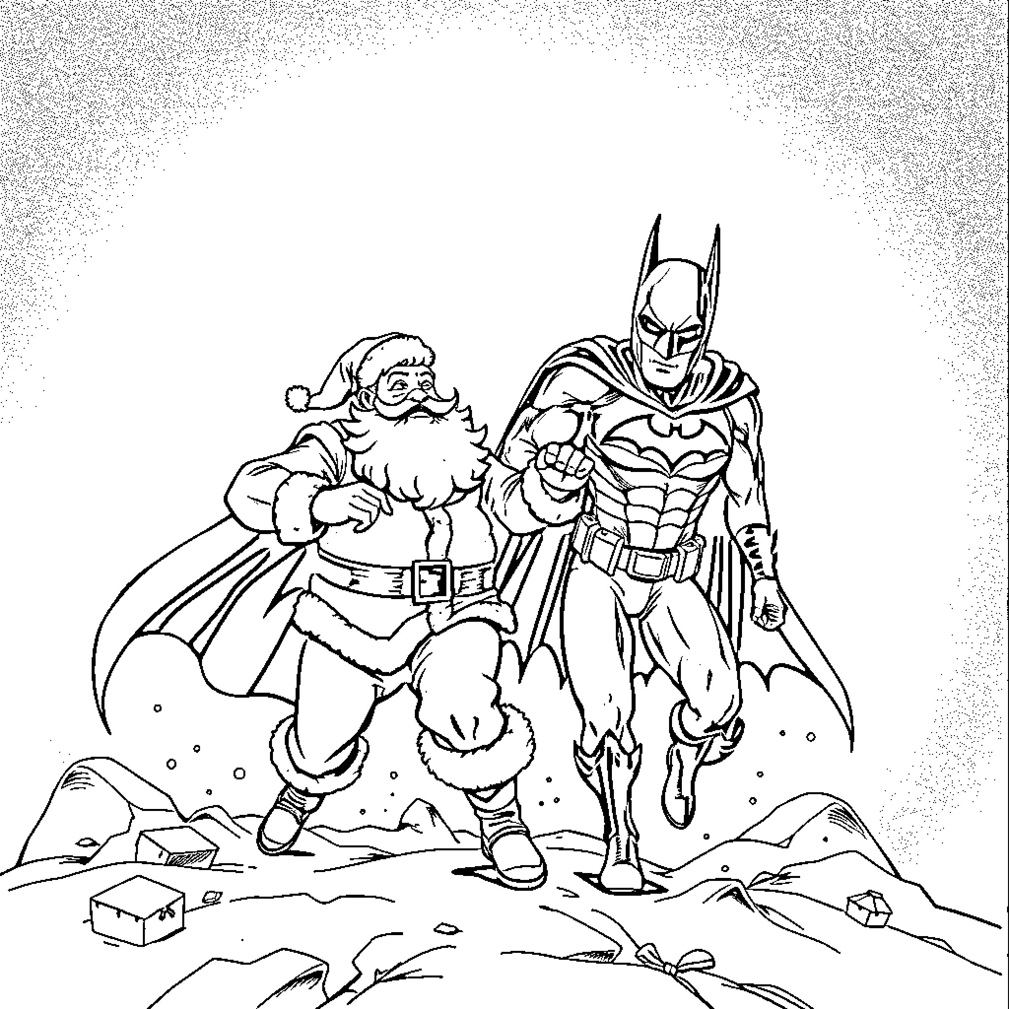 Santa and Batman Adventuring Together Coloring Page (free black-and-white line drawing printable PDF for all, from beginners to advanced learners, including children, teens, adults, and seniors)