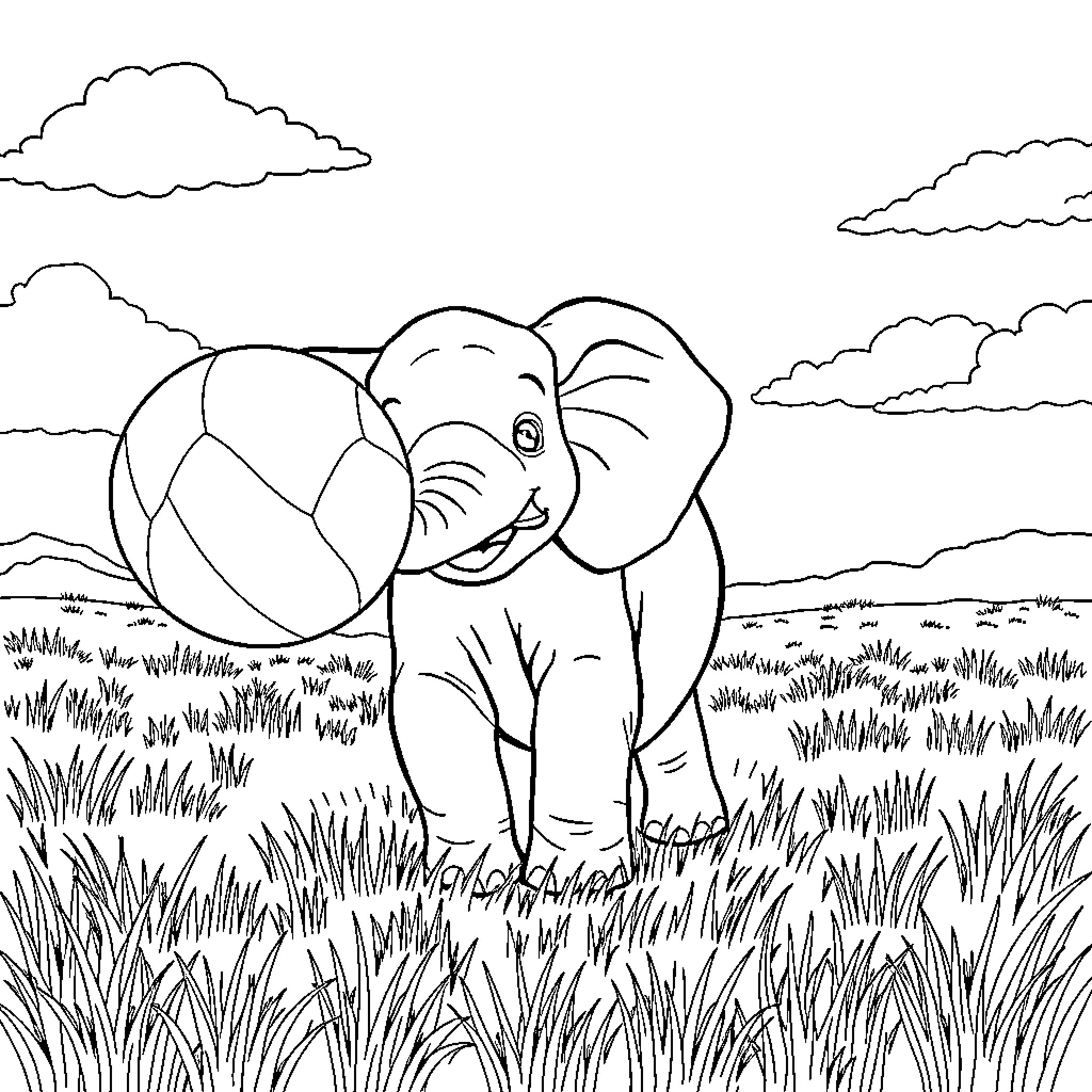 Elephant playing happily with ball in the park Coloring Page (free black-and-white line drawing printable PDF for all, from beginners to advanced learners, including children, teens, adults, and seniors)