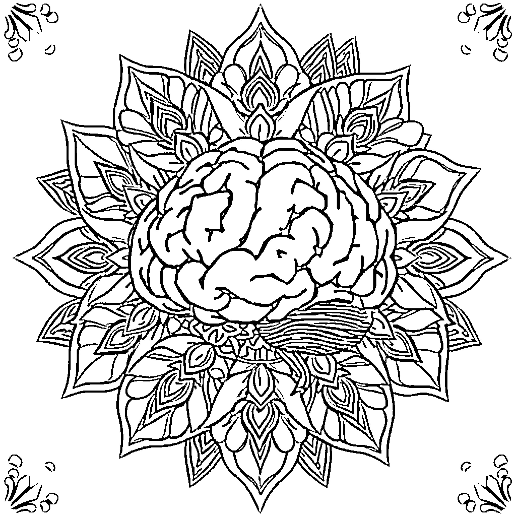 Brain Mandala with Intricate Designs Coloring Page (free black-and-white line drawing printable PDF for all, from beginners to advanced learners, including children, teens, adults, and seniors)