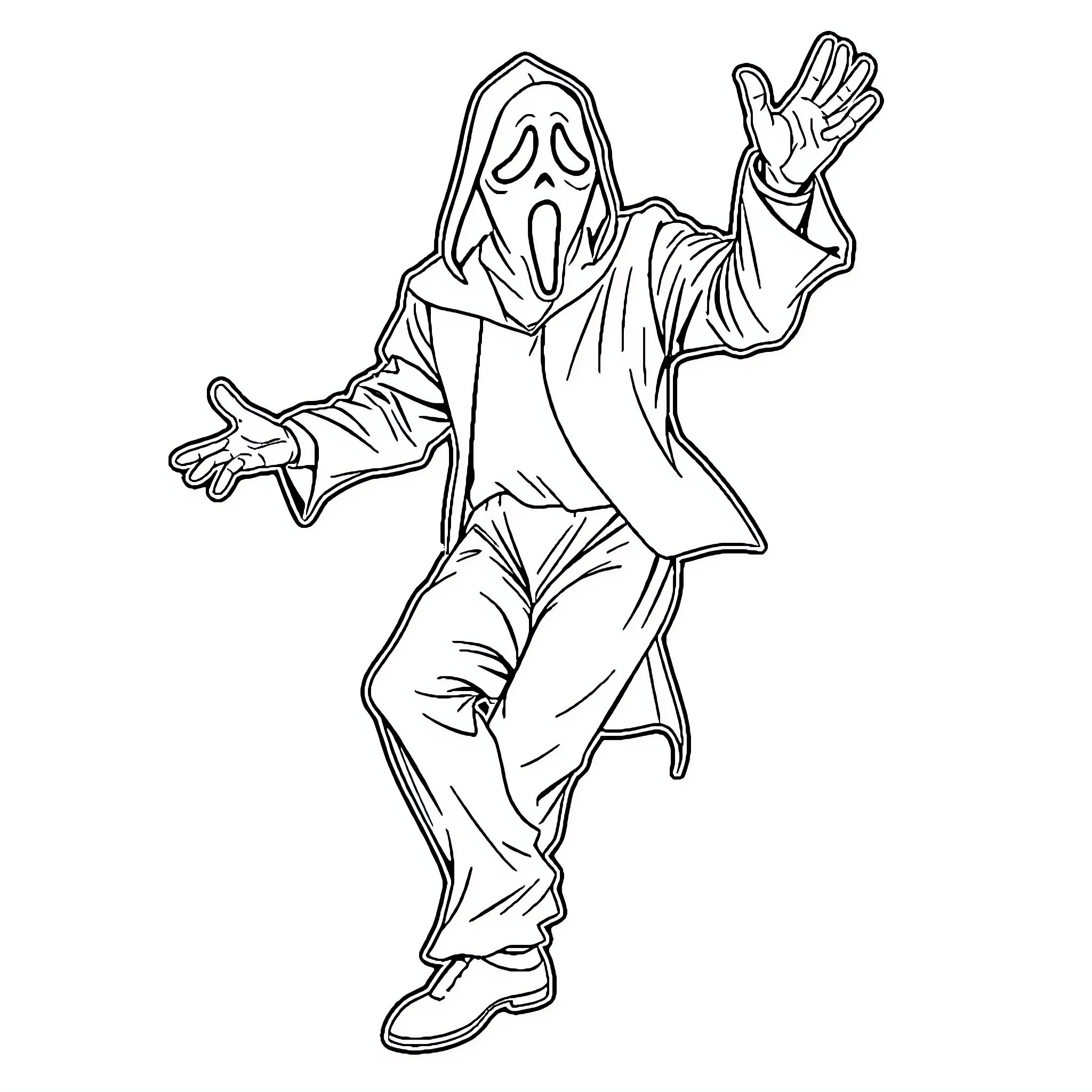 Ghost Face Wielding Knife in Frightening Pose Coloring Page (free black-and-white line drawing printable PDF for all, from beginners to advanced learners, including children, teens, adults, and seniors)