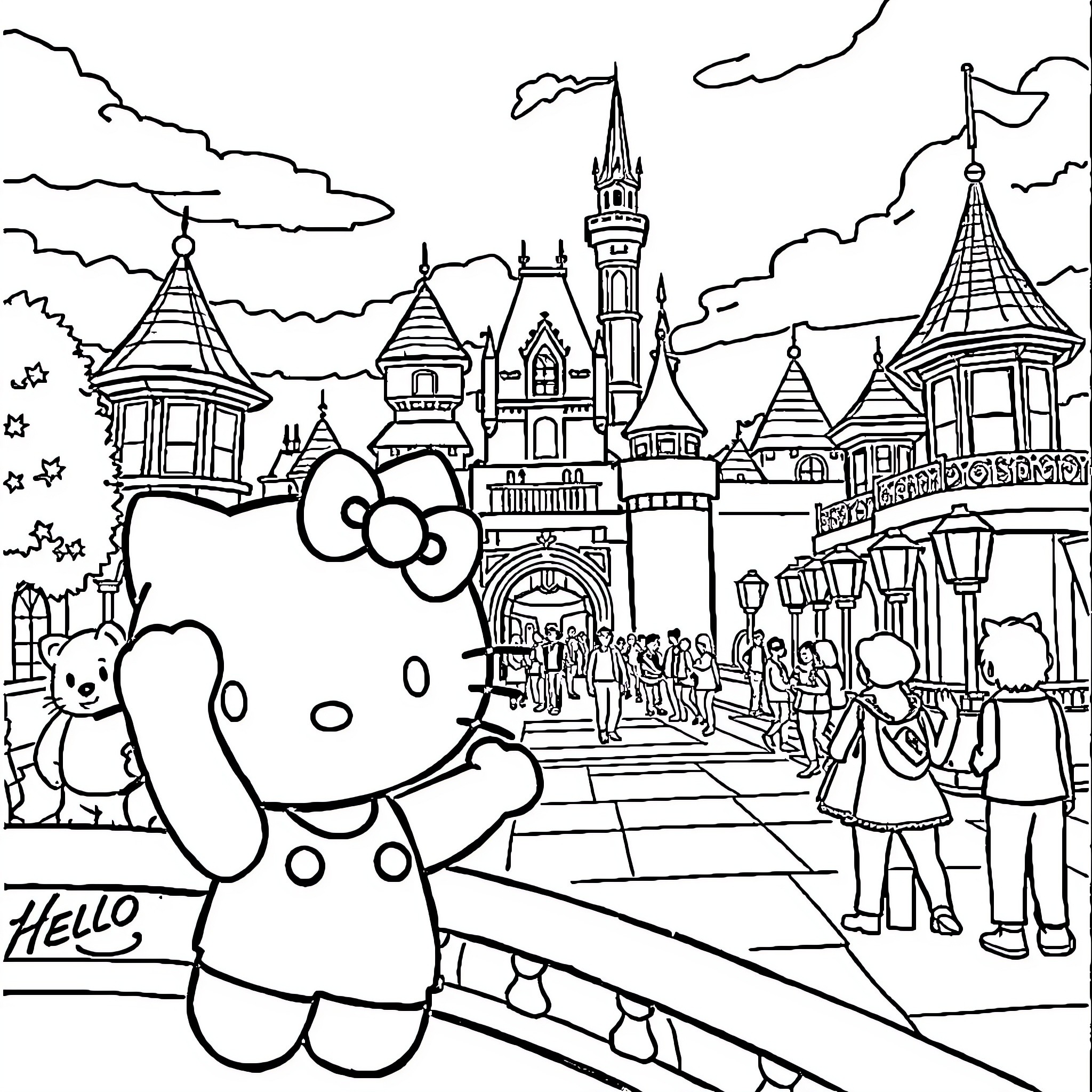 Hello Kitty explores the magical castle town Coloring Page (free black-and-white line drawing printable PDF for all, from beginners to advanced learners, including children, teens, adults, and seniors)