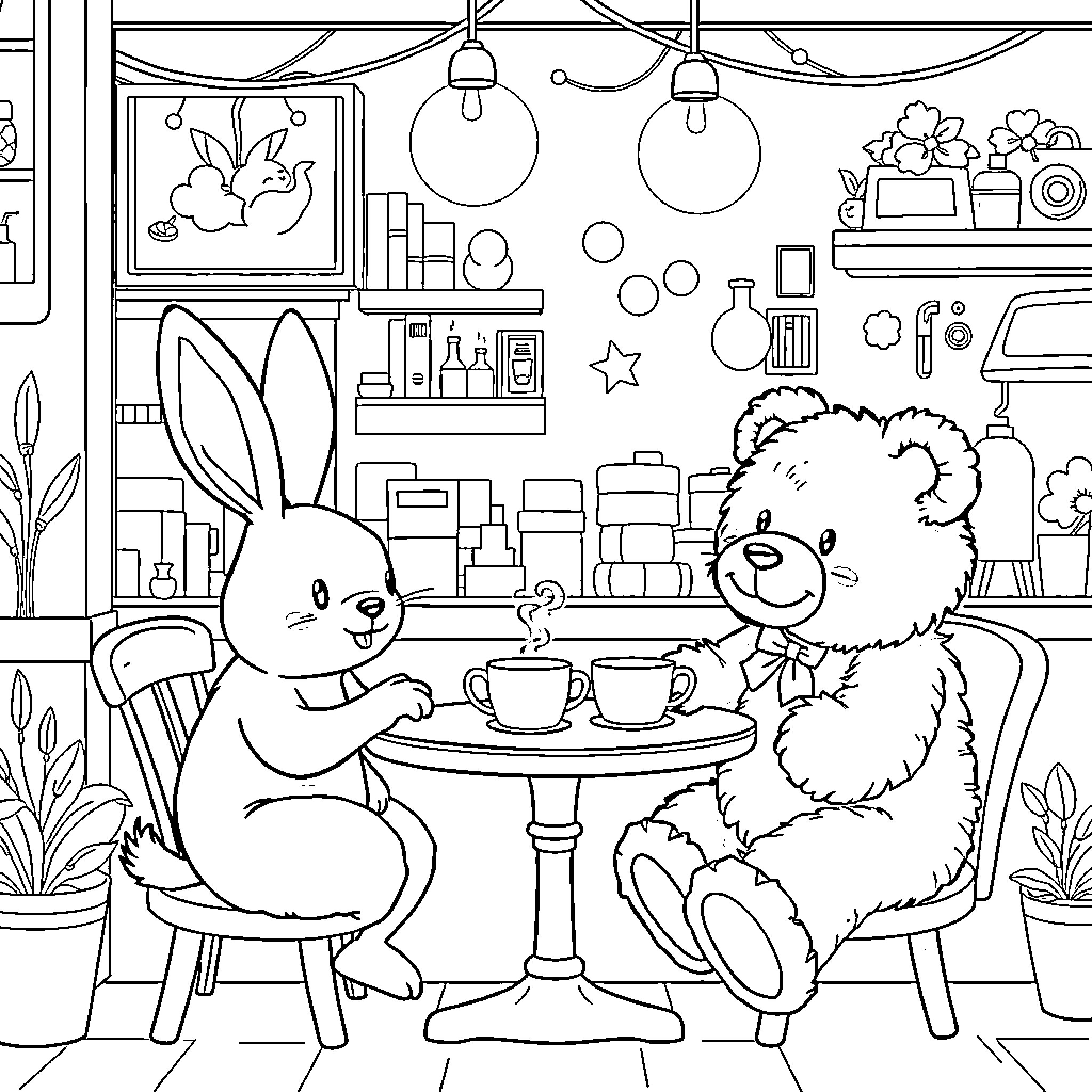 Friend's cozy gathering with whimsical decor Coloring Page (free black-and-white line drawing printable PDF for all, from beginners to advanced learners, including children, teens, adults, and seniors)