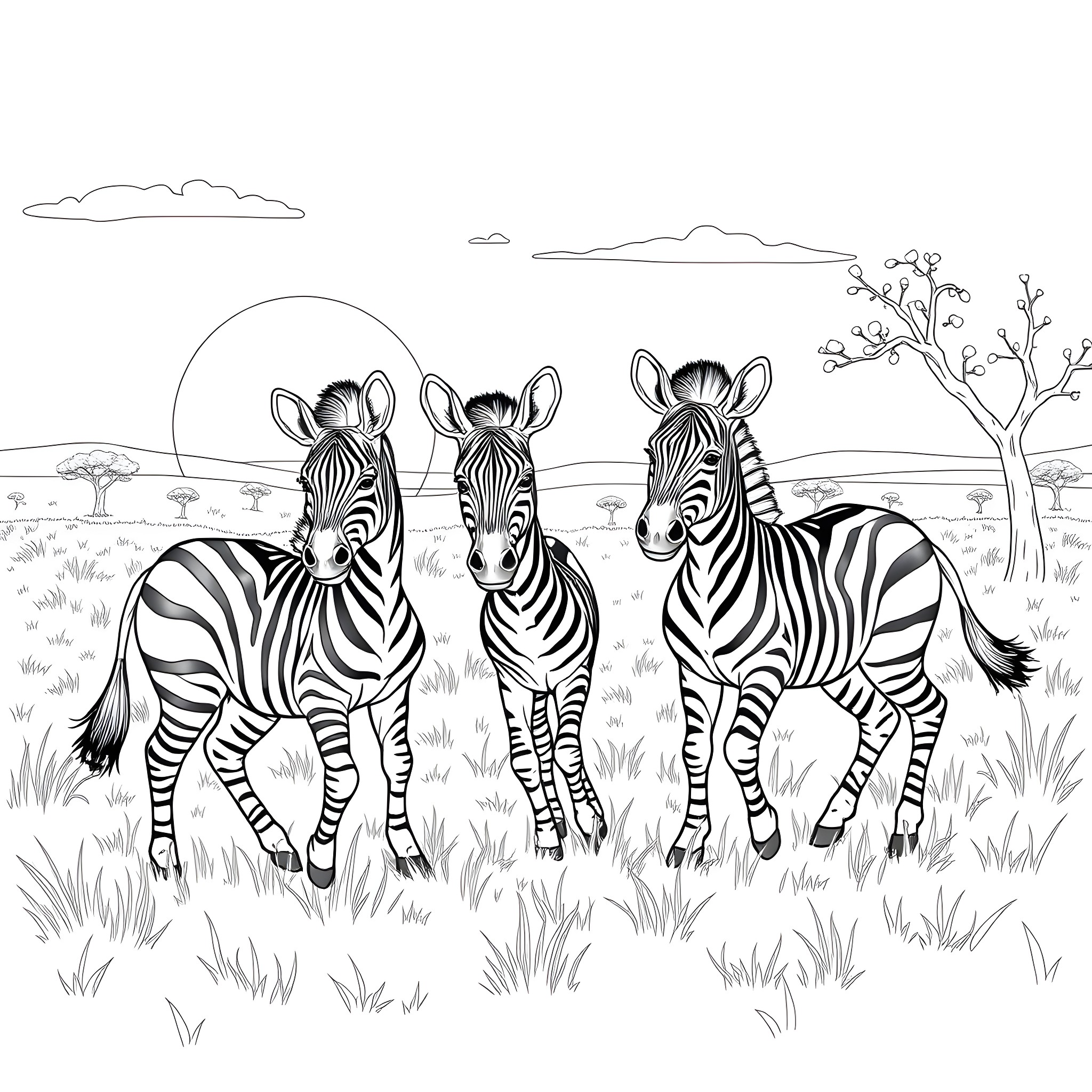 Zebra herd grazing peacefully in the savanna Coloring Page (free black-and-white line drawing printable PDF for all, from beginners to advanced learners, including children, teens, adults, and seniors)