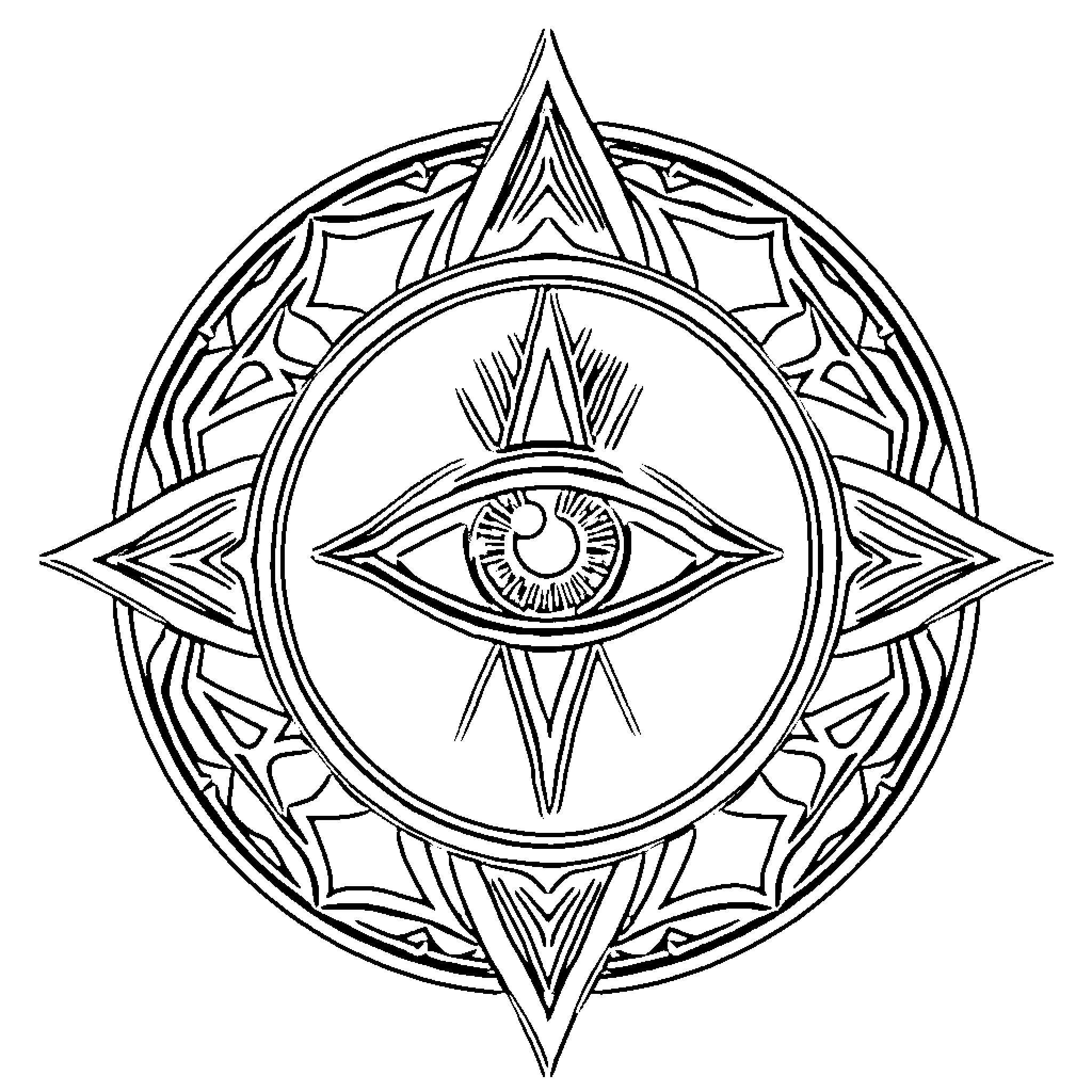 Eye of Mystical Symbols in Geometric Design Coloring Page (free black-and-white line drawing printable PDF for all, from beginners to advanced learners, including children, teens, adults, and seniors)