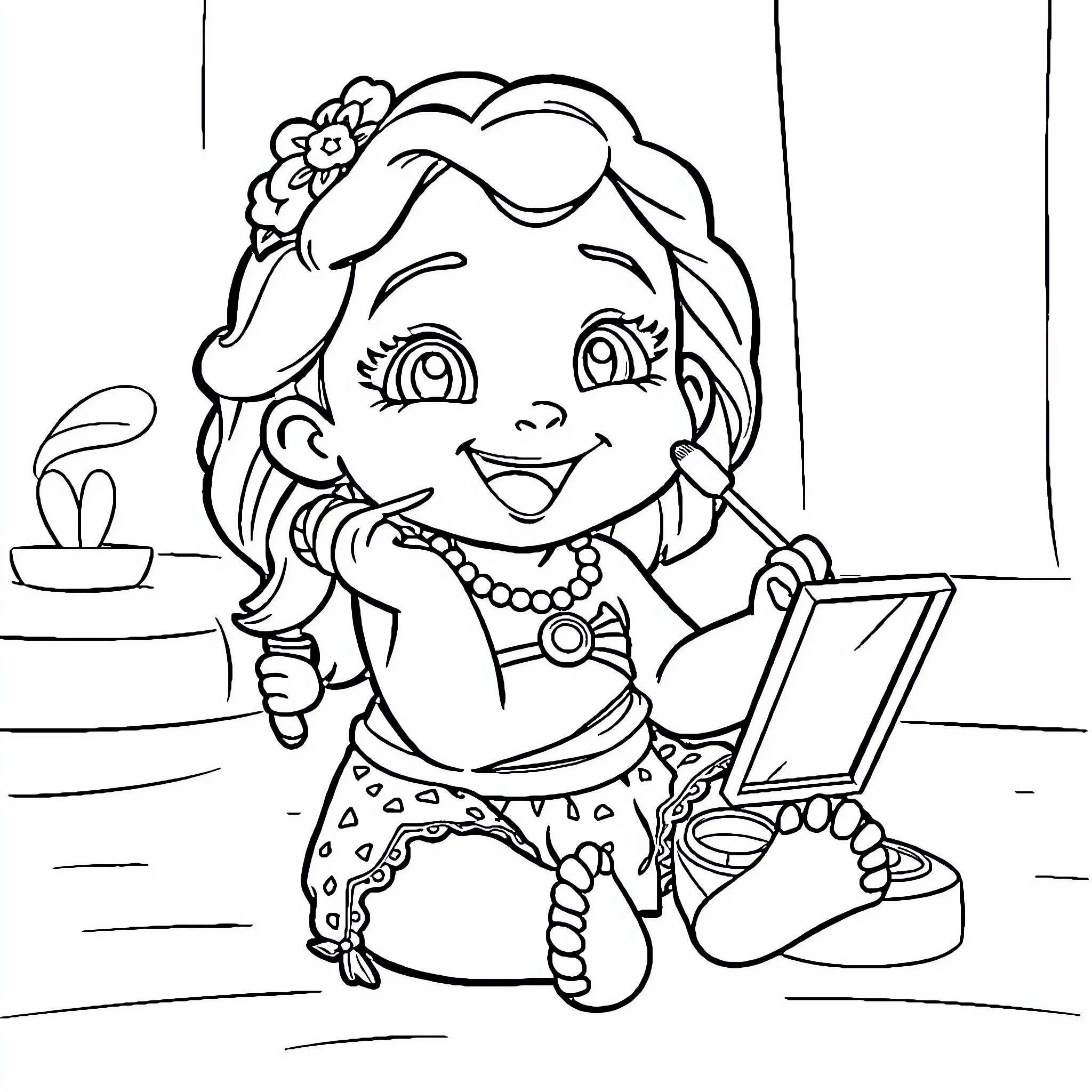Moana sitting happily with a tablet Coloring Page (free black-and-white line drawing printable PDF for all, from beginners to advanced learners, including children, teens, adults, and seniors)