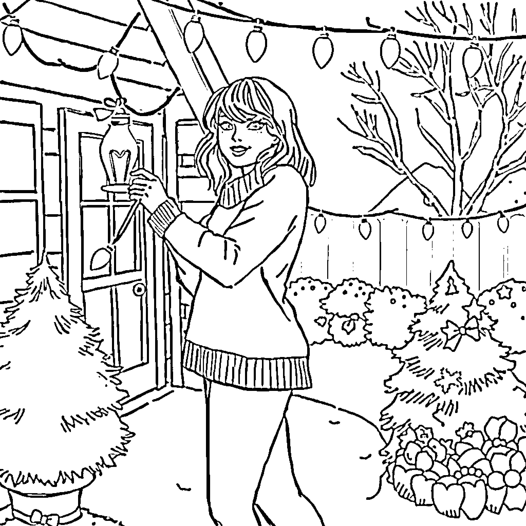 Taylor Swift decorating a cozy holiday cottage Coloring Page (free black-and-white line drawing printable PDF for all, from beginners to advanced learners, including children, teens, adults, and seniors)