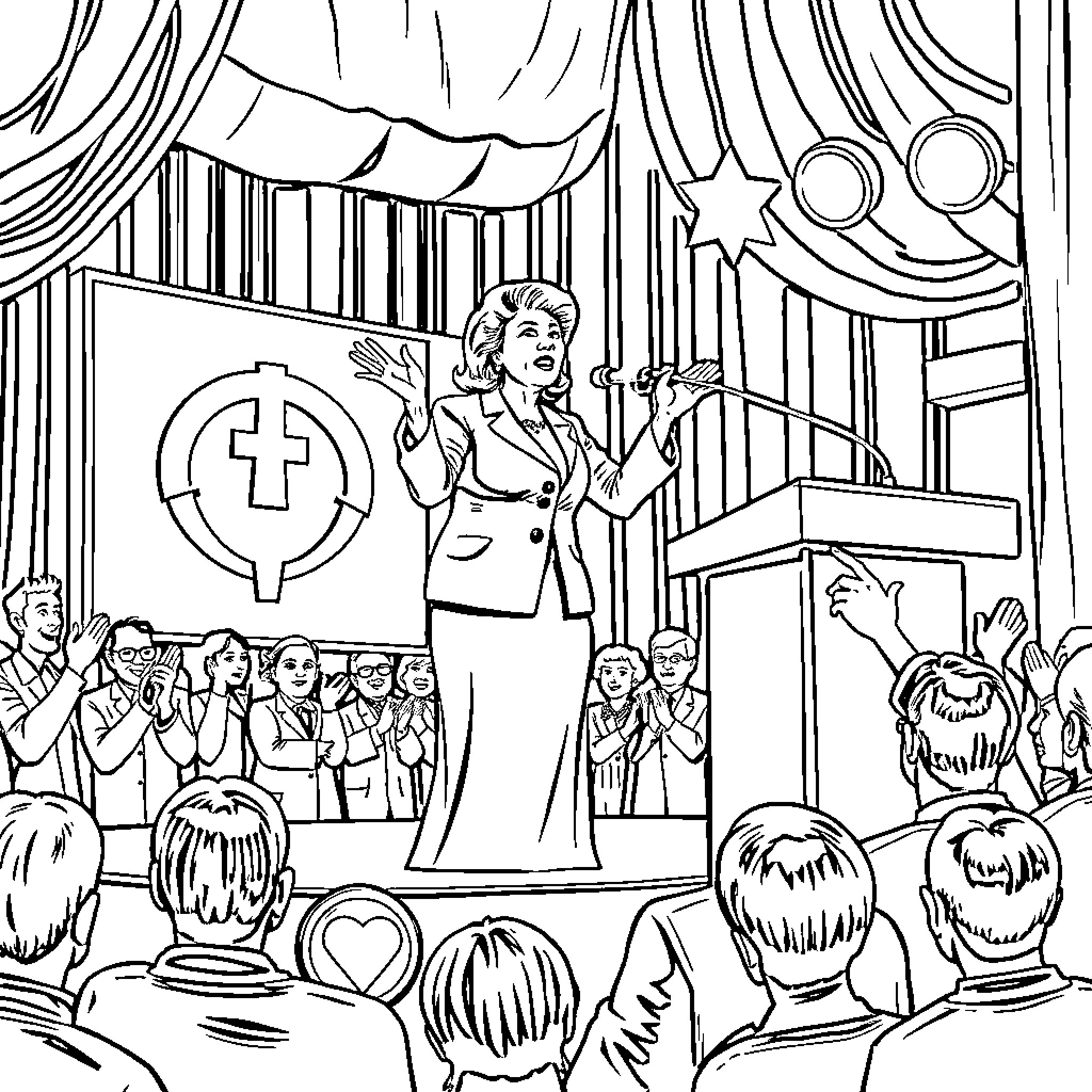 Woman delivering speech at church gathering Coloring Page (free black-and-white line drawing printable PDF for all, from beginners to advanced learners, including children, teens, adults, and seniors)