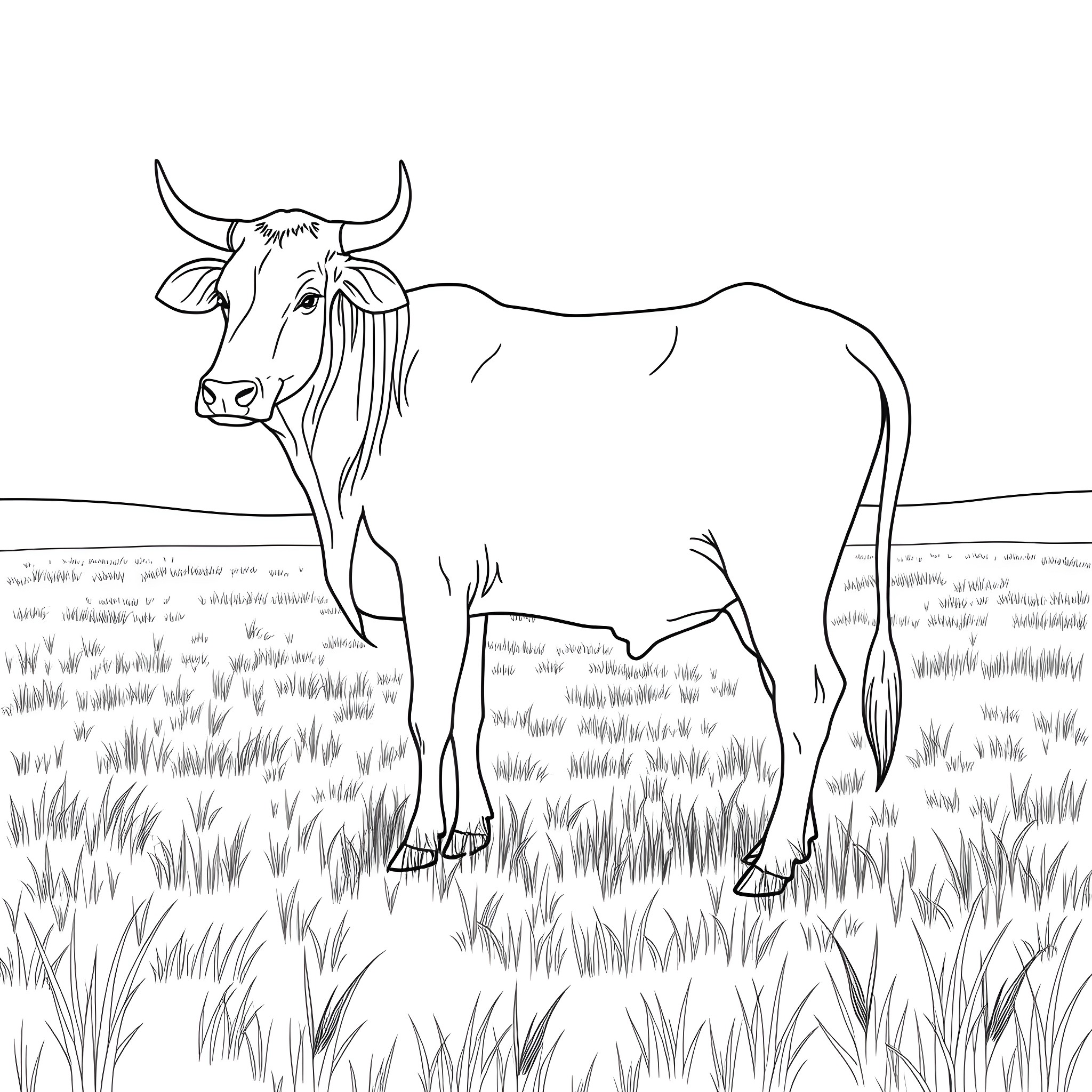 Cow standing in the grassy field Coloring Page (free black-and-white line drawing printable PDF for all, from beginners to advanced learners, including children, teens, adults, and seniors)