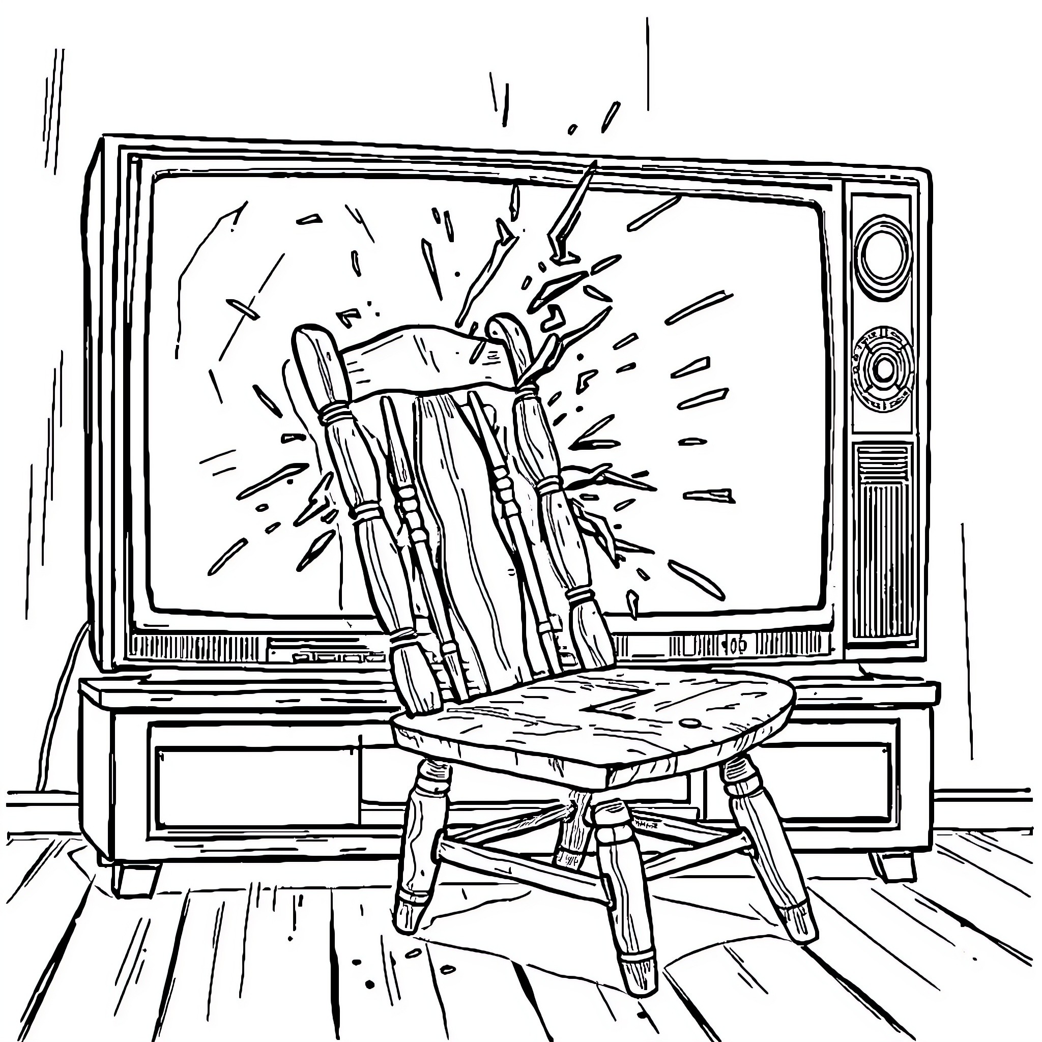 Chair breaking on TV screen Coloring Page (free black-and-white line drawing printable PDF for all, from beginners to advanced learners, including children, teens, adults, and seniors)