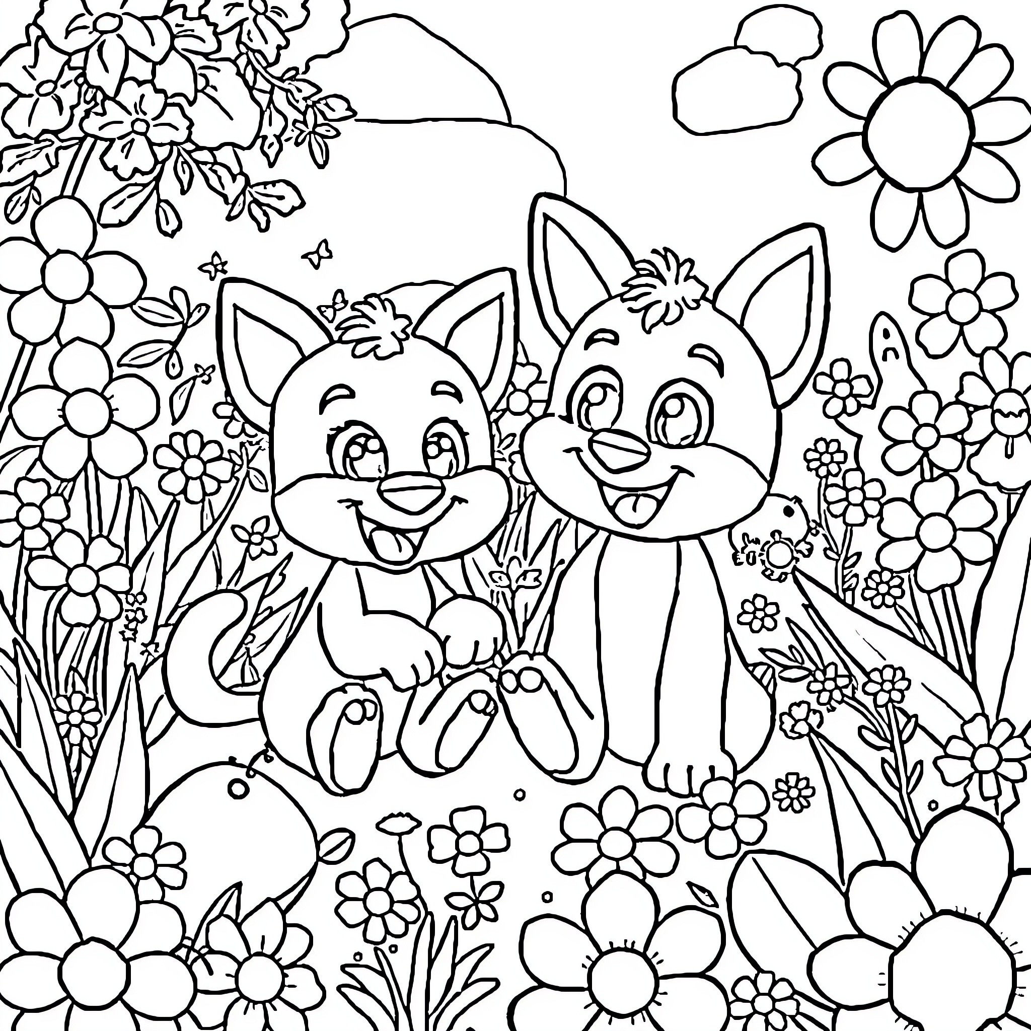 Bluey and Bingo Frolicking in a Floral Garden Coloring Page (free black-and-white line drawing printable PDF for all, from beginners to advanced learners, including children, teens, adults, and seniors)