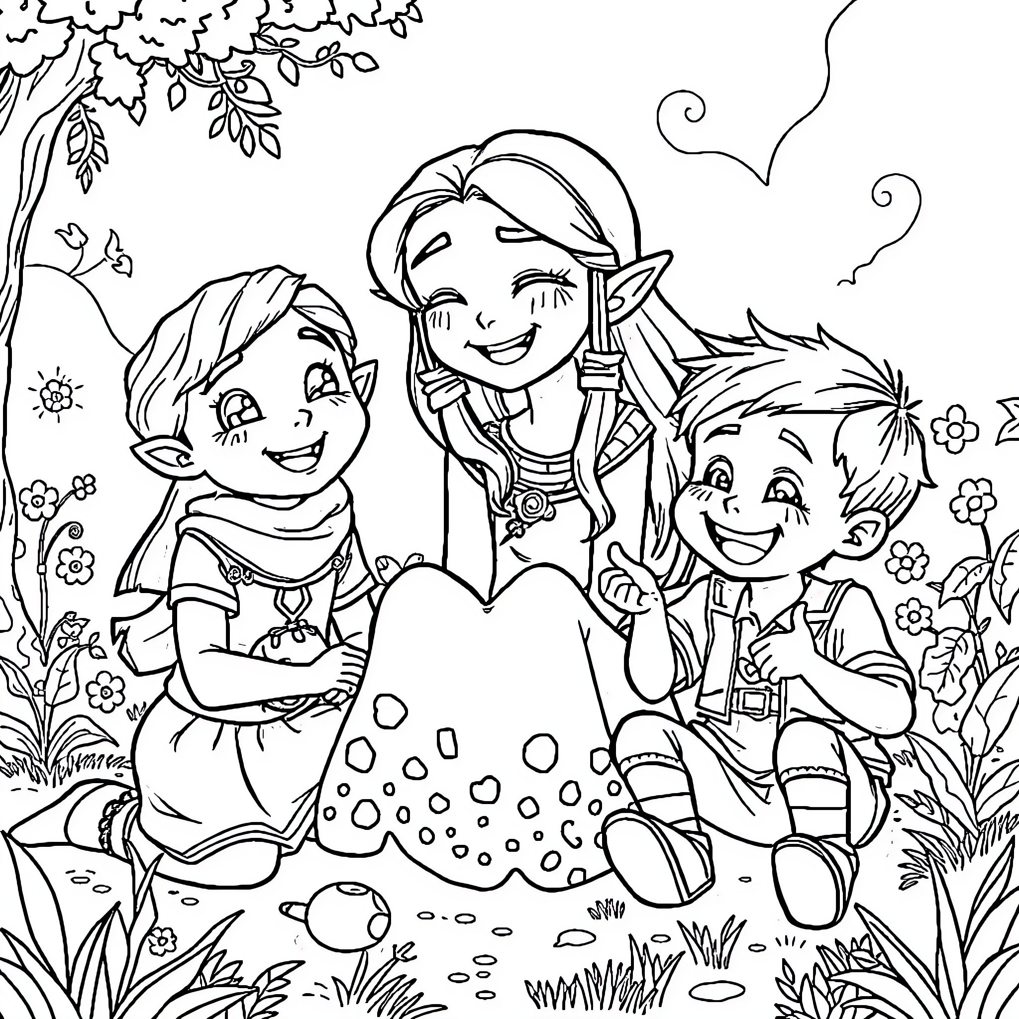 Zelda Characters Playing in a Whimsical Outdoor Scene Coloring Page (free black-and-white line drawing printable PDF for all, from beginners to advanced learners, including children, teens, adults, and seniors)