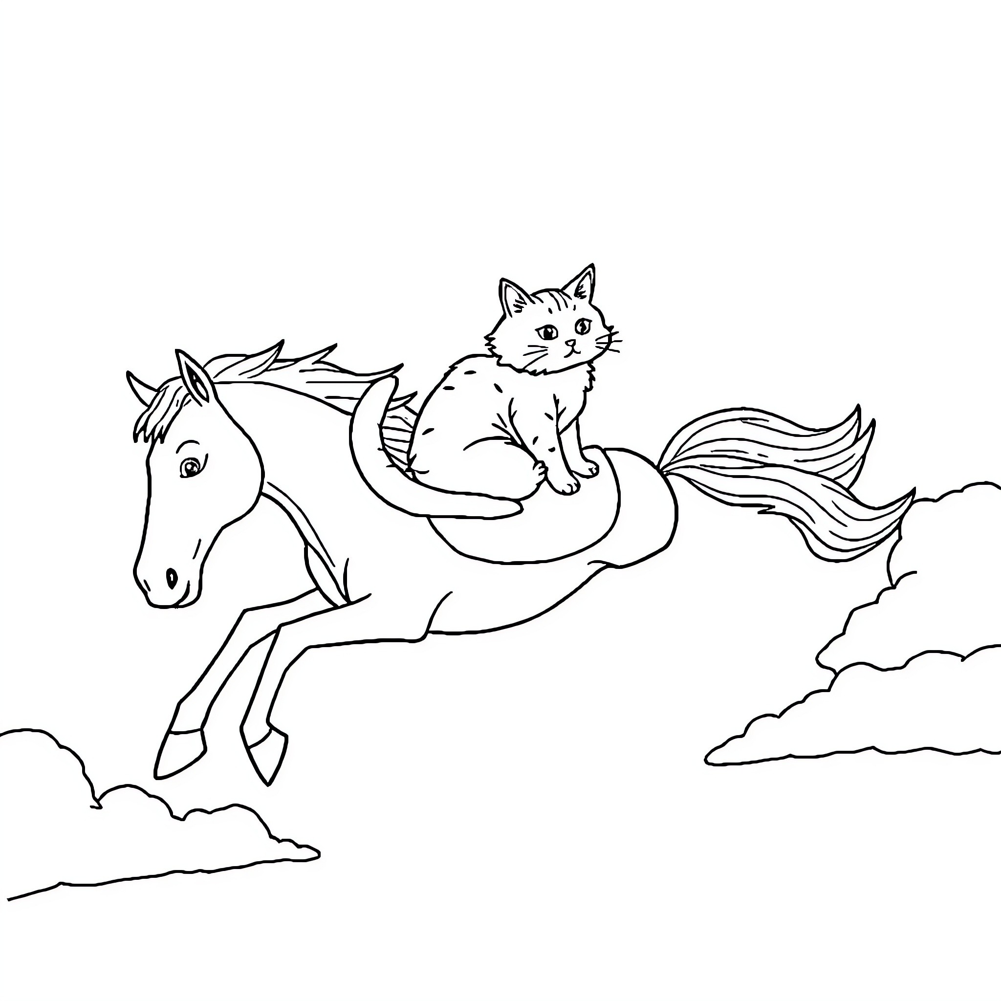 Flying Horse with a Curious Cat Passenger Coloring Page (free black-and-white line drawing printable PDF for all, from beginners to advanced learners, including children, teens, adults, and seniors)