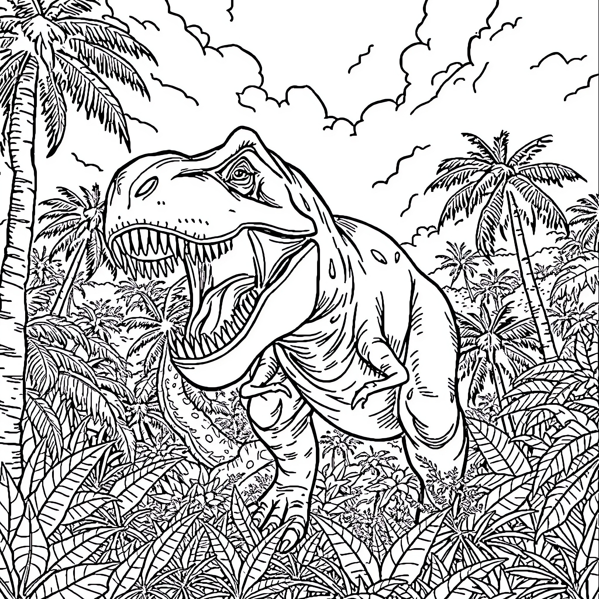 T-Rex roaring in the jungle Coloring Page (free black-and-white line drawing printable PDF for all, from beginners to advanced learners, including children, teens, adults, and seniors)