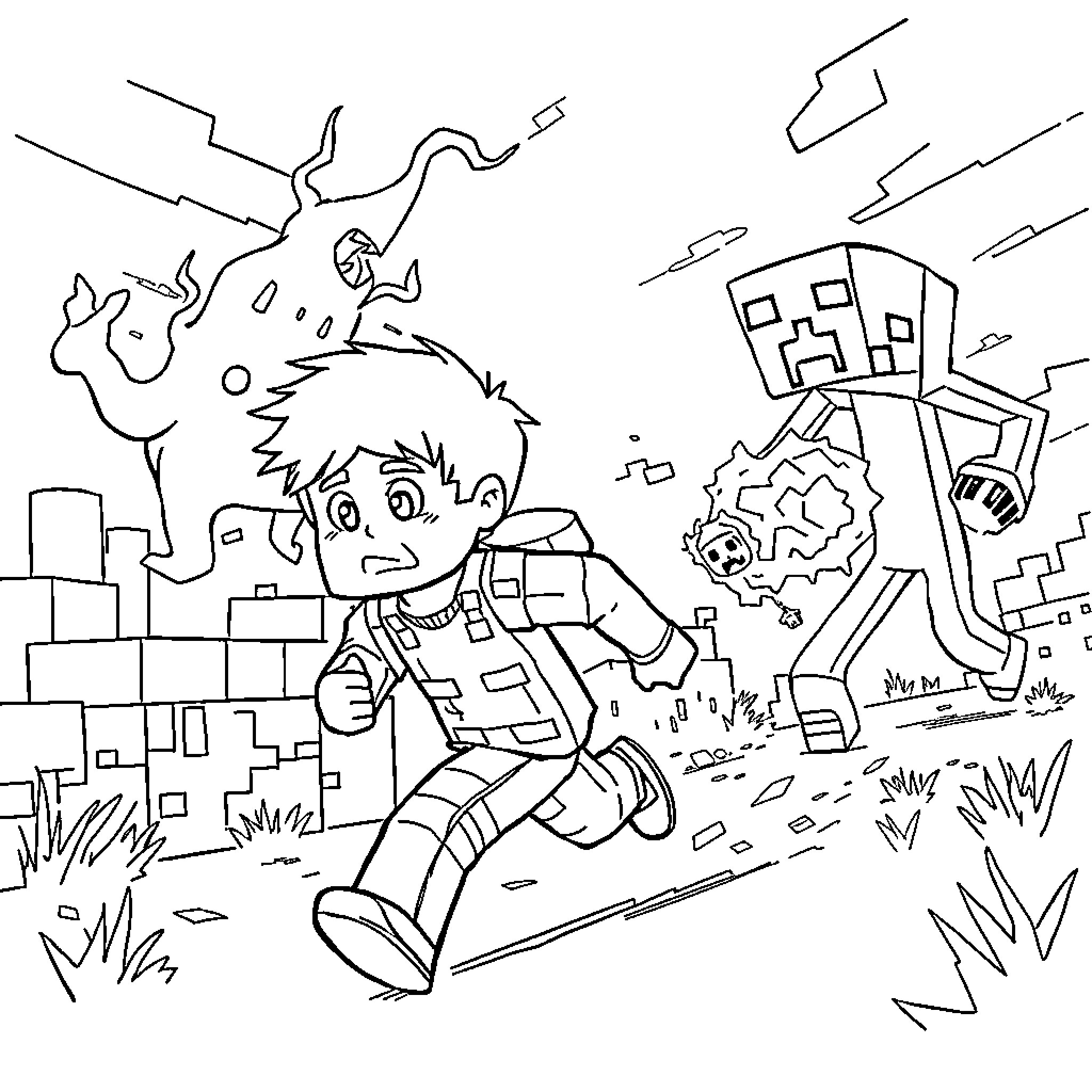 Minecraft Character running away from a Creeper Coloring Page (free black-and-white line drawing printable PDF for all, from beginners to advanced learners, including children, teens, adults, and seniors)