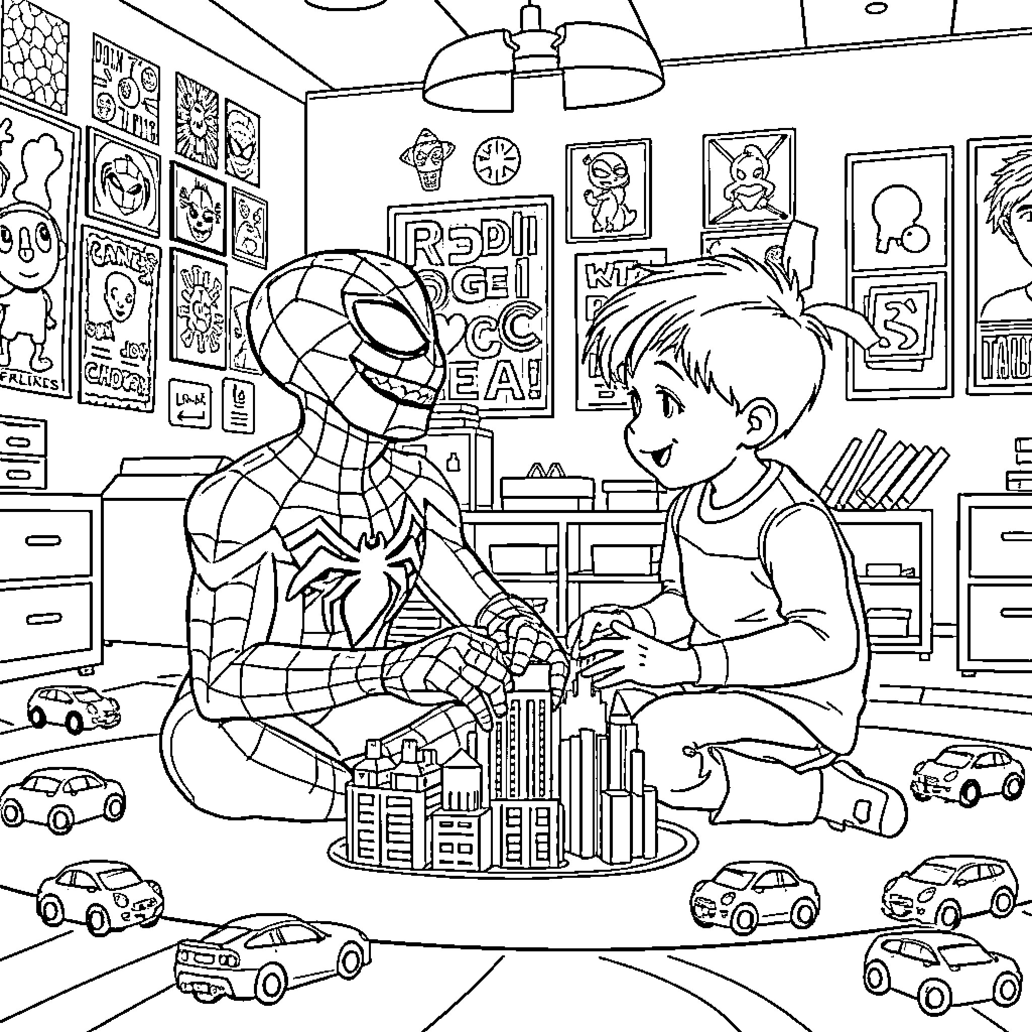 Spider-Man Sharing a Toy Model City with a Boy Coloring Page (free black-and-white line drawing printable PDF for all, from beginners to advanced learners, including children, teens, adults, and seniors)