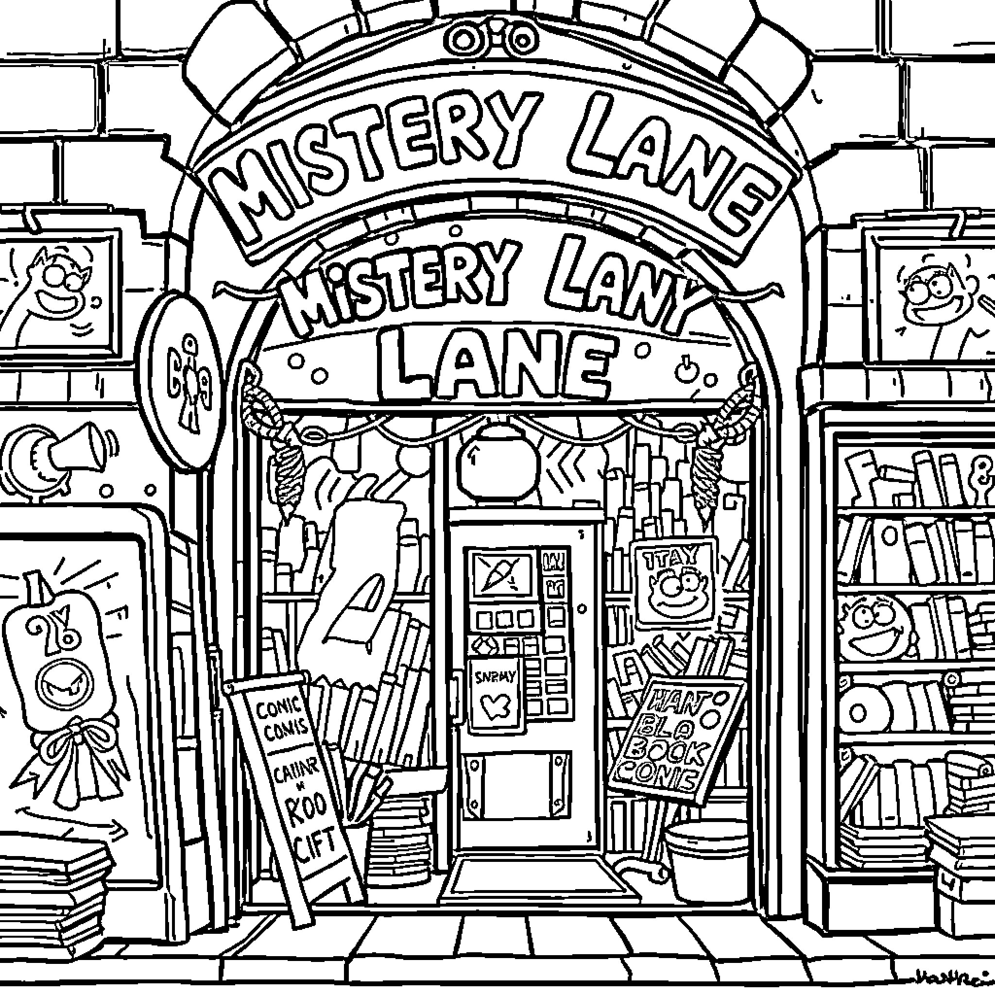 Mistery Lane - Eclectic Storefront with Quirky Decor Coloring Page (free black-and-white line drawing printable PDF for all, from beginners to advanced learners, including children, teens, adults, and seniors)