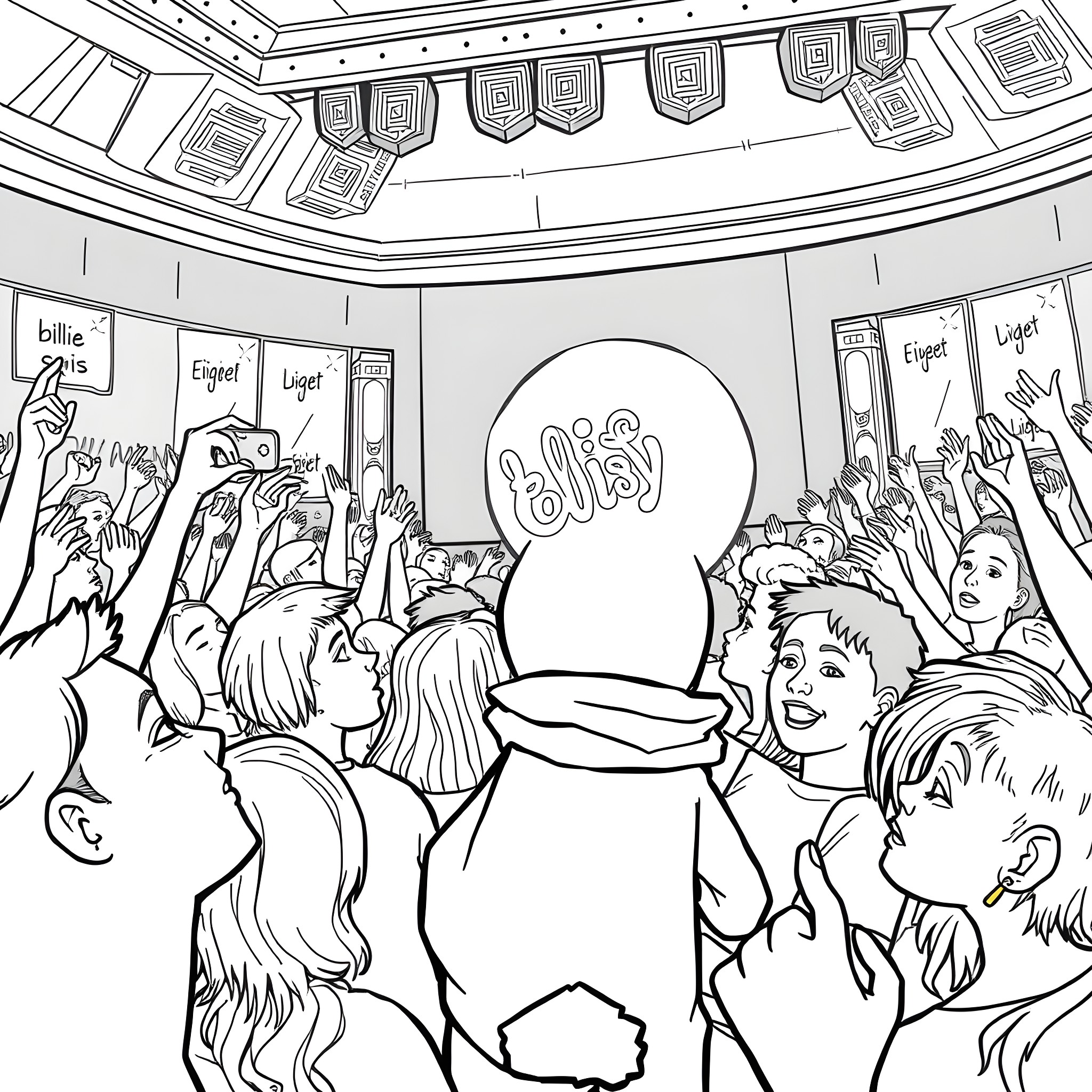 Felix's Exciting Concert Experience Coloring Page (free black-and-white line drawing printable PDF for all, from beginners to advanced learners, including children, teens, adults, and seniors)