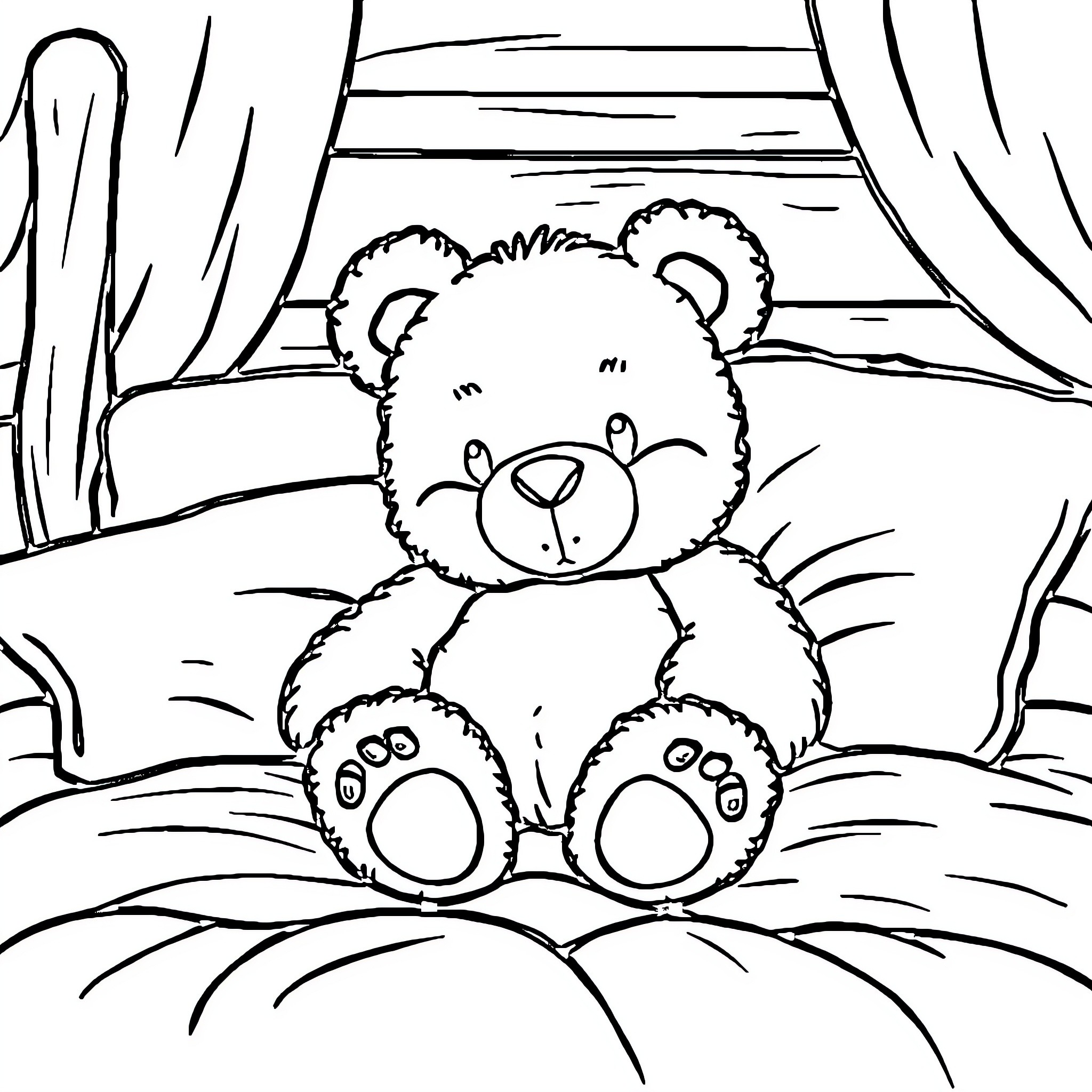 Teddy Bear sitting in a cozy room Coloring Page (free black-and-white line drawing printable PDF for all, from beginners to advanced learners, including children, teens, adults, and seniors)