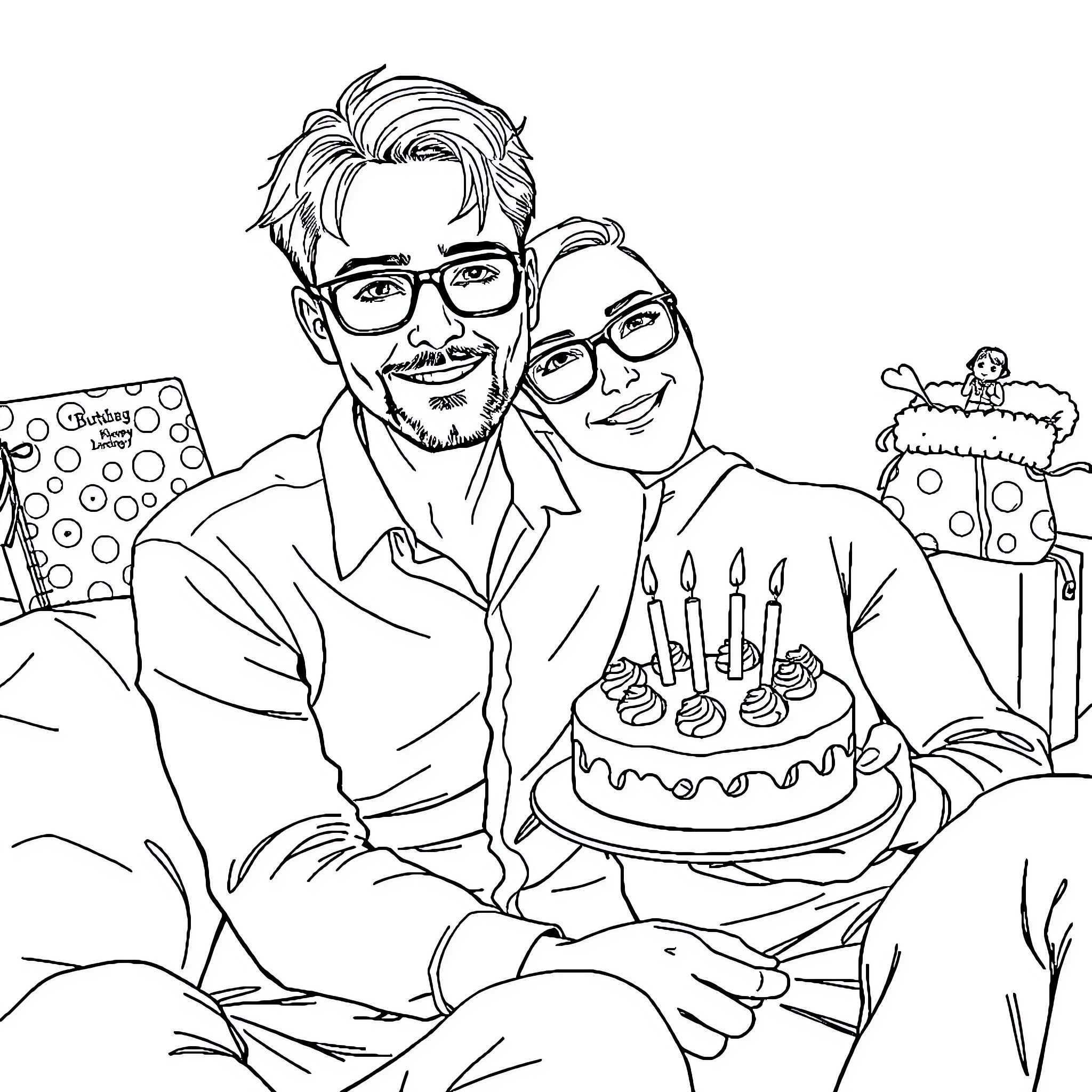 Boyfriend celebrates partner's birthday with cake Coloring Page (free black-and-white line drawing printable PDF for all, from beginners to advanced learners, including children, teens, adults, and seniors)