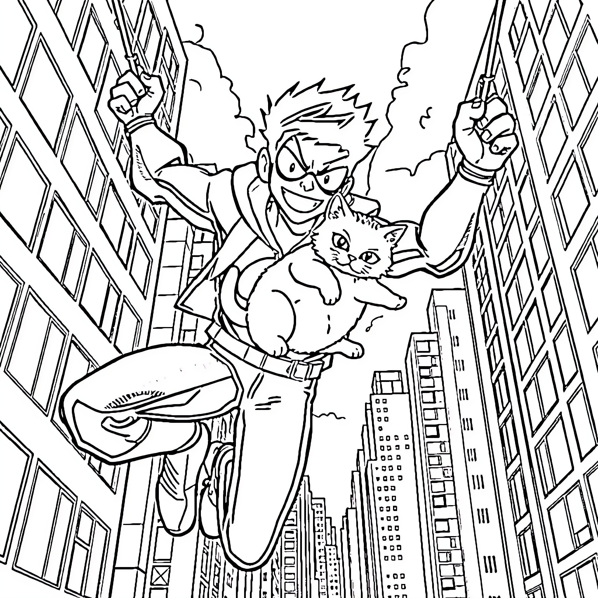 Miles Morales Swinging Through the City With a Cat Coloring Page (free black-and-white line drawing printable PDF for all, from beginners to advanced learners, including children, teens, adults, and seniors)