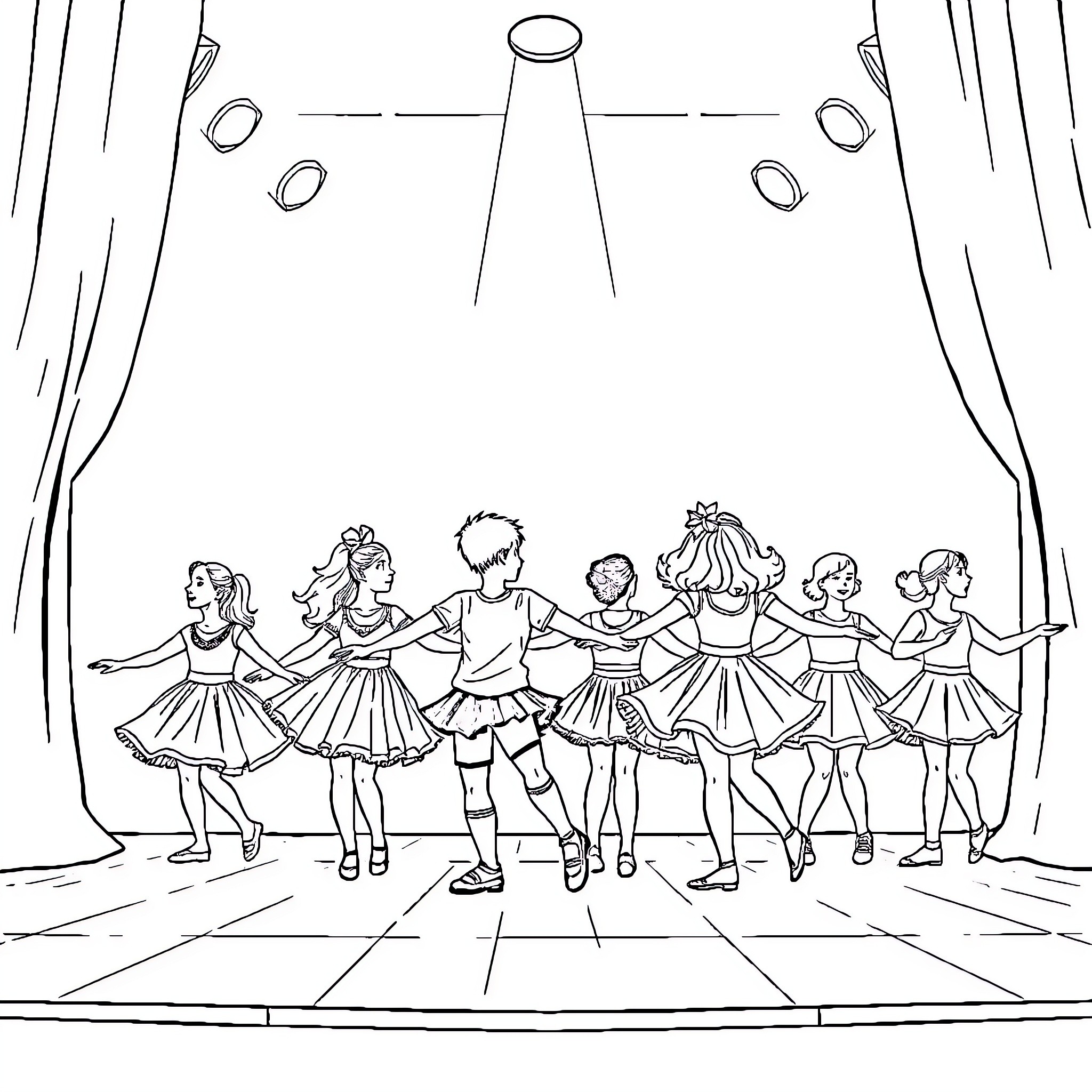 Students performing on stage in dance recital Coloring Page (free black-and-white line drawing printable PDF for all, from beginners to advanced learners, including children, teens, adults, and seniors)
