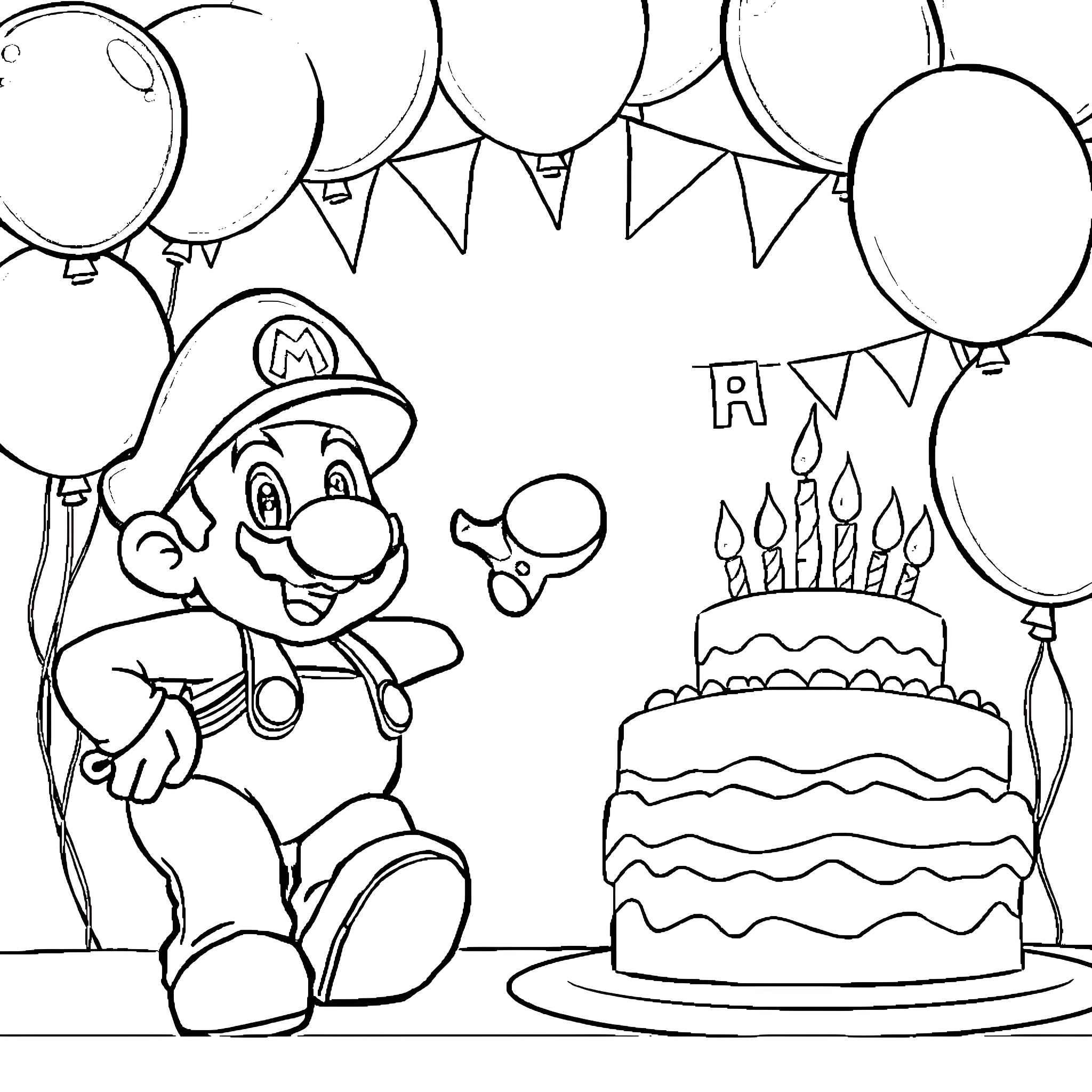 Super Mario Celebrates Birthday with Balloons and Cake Coloring Page (free black-and-white line drawing printable PDF for all, from beginners to advanced learners, including children, teens, adults, and seniors)