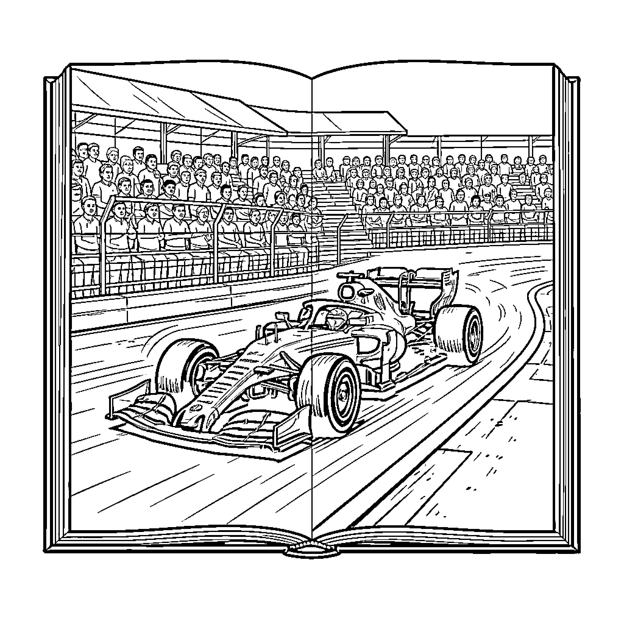 Formula 1 racing car speeding past cheering crowds Coloring Page (free black-and-white line drawing printable PDF for all, from beginners to advanced learners, including children, teens, adults, and seniors)