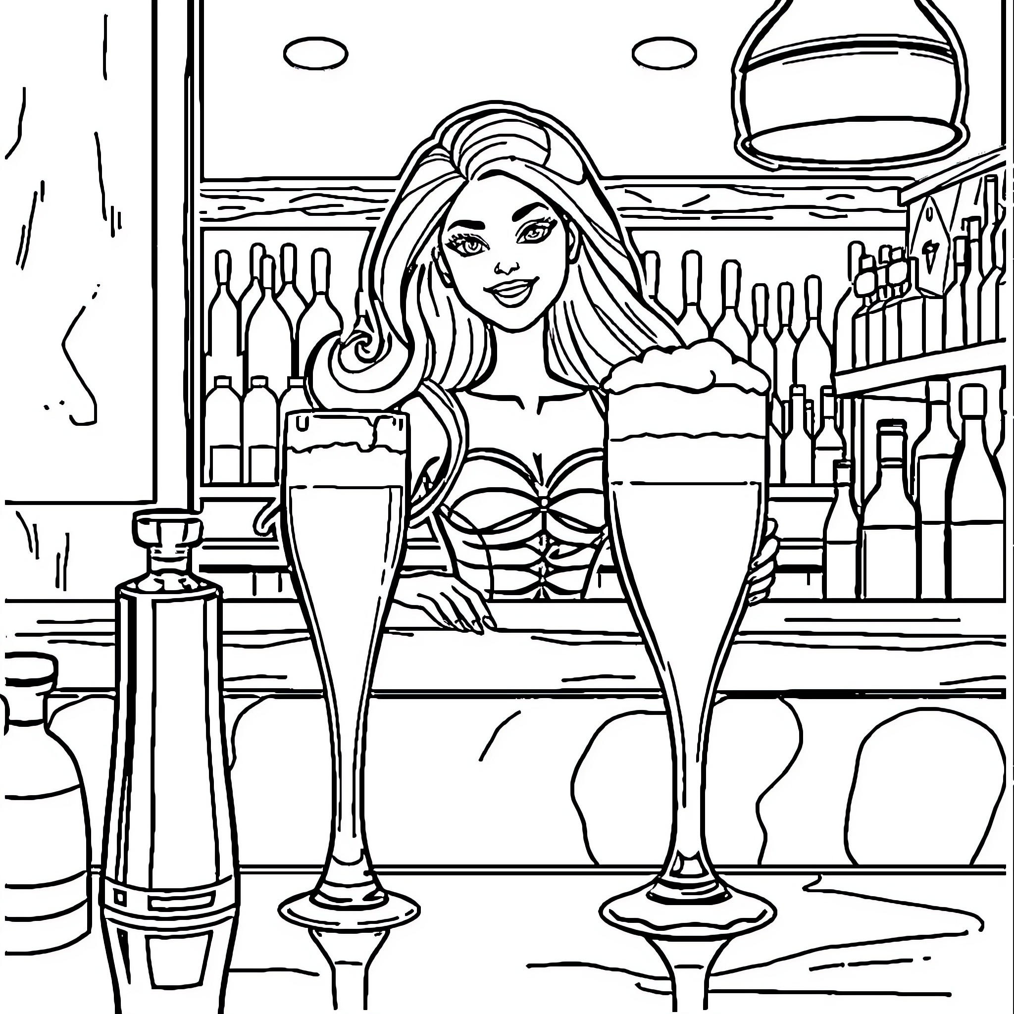 Barbie Bartender Serving Drinks at the Bar Coloring Page (free black-and-white line drawing printable PDF for all, from beginners to advanced learners, including children, teens, adults, and seniors)