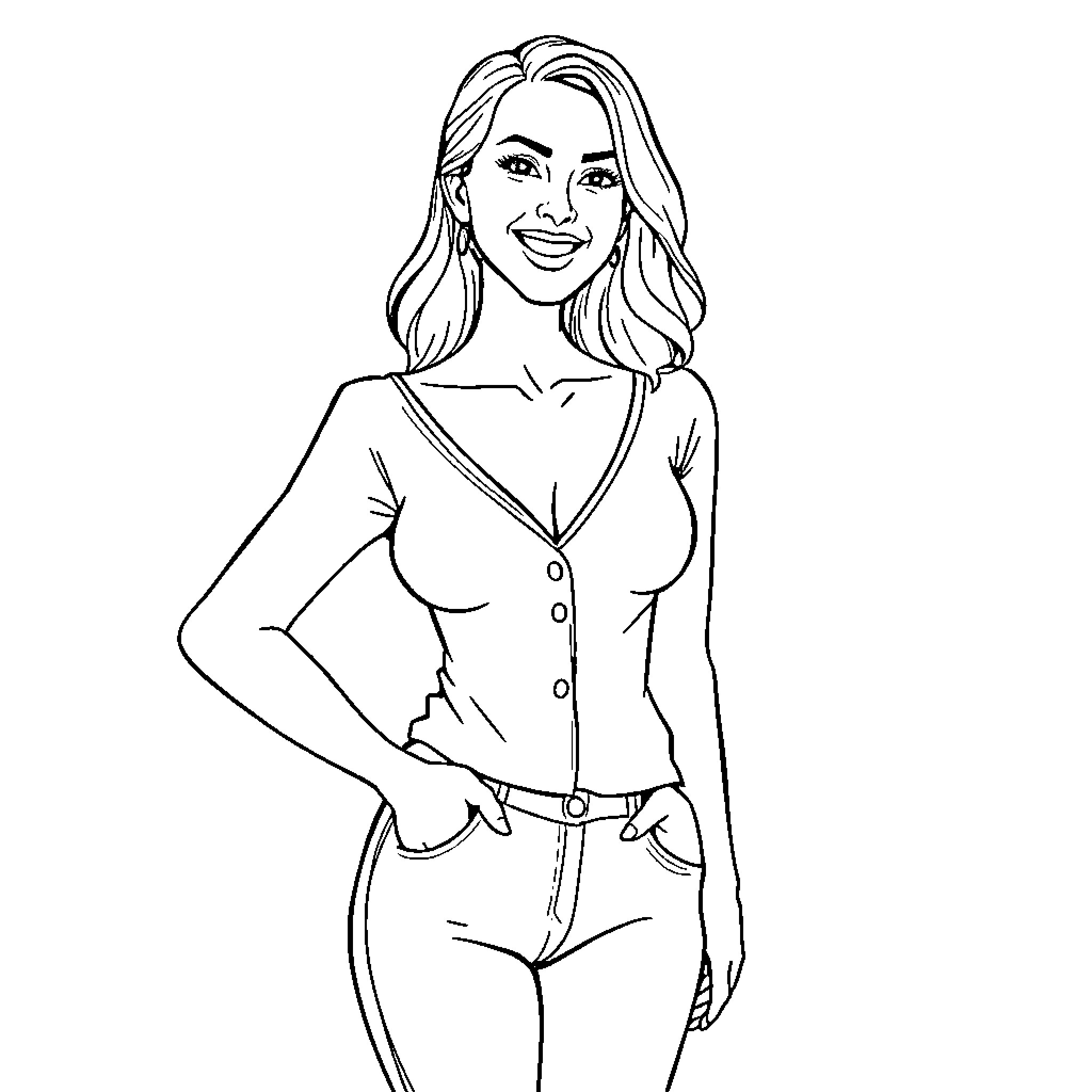 Mia Moore smiling confidently in casual outfit Coloring Page (free black-and-white line drawing printable PDF for all, from beginners to advanced learners, including children, teens, adults, and seniors)