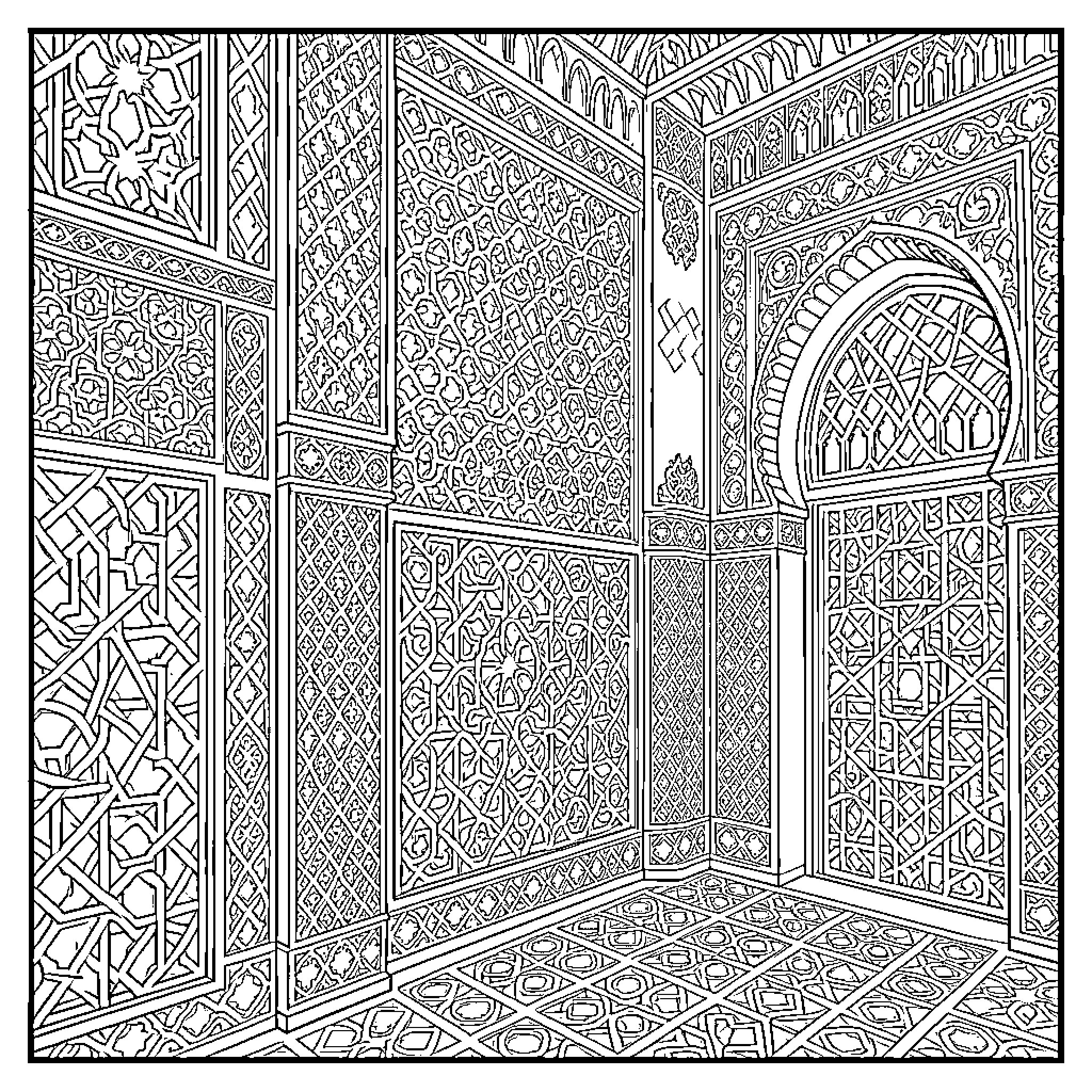 Geometric Art of Intricate Islamic Architecture Coloring Page (free black-and-white line drawing printable PDF for all, from beginners to advanced learners, including children, teens, adults, and seniors)