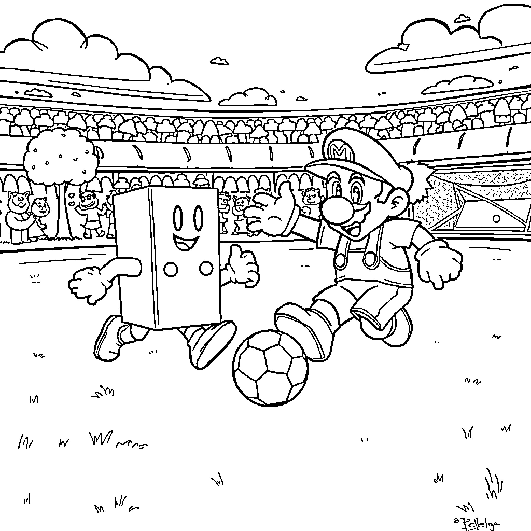 Numberblock playing soccer in the stadium Coloring Page (free black-and-white line drawing printable PDF for all, from beginners to advanced learners, including children, teens, adults, and seniors)